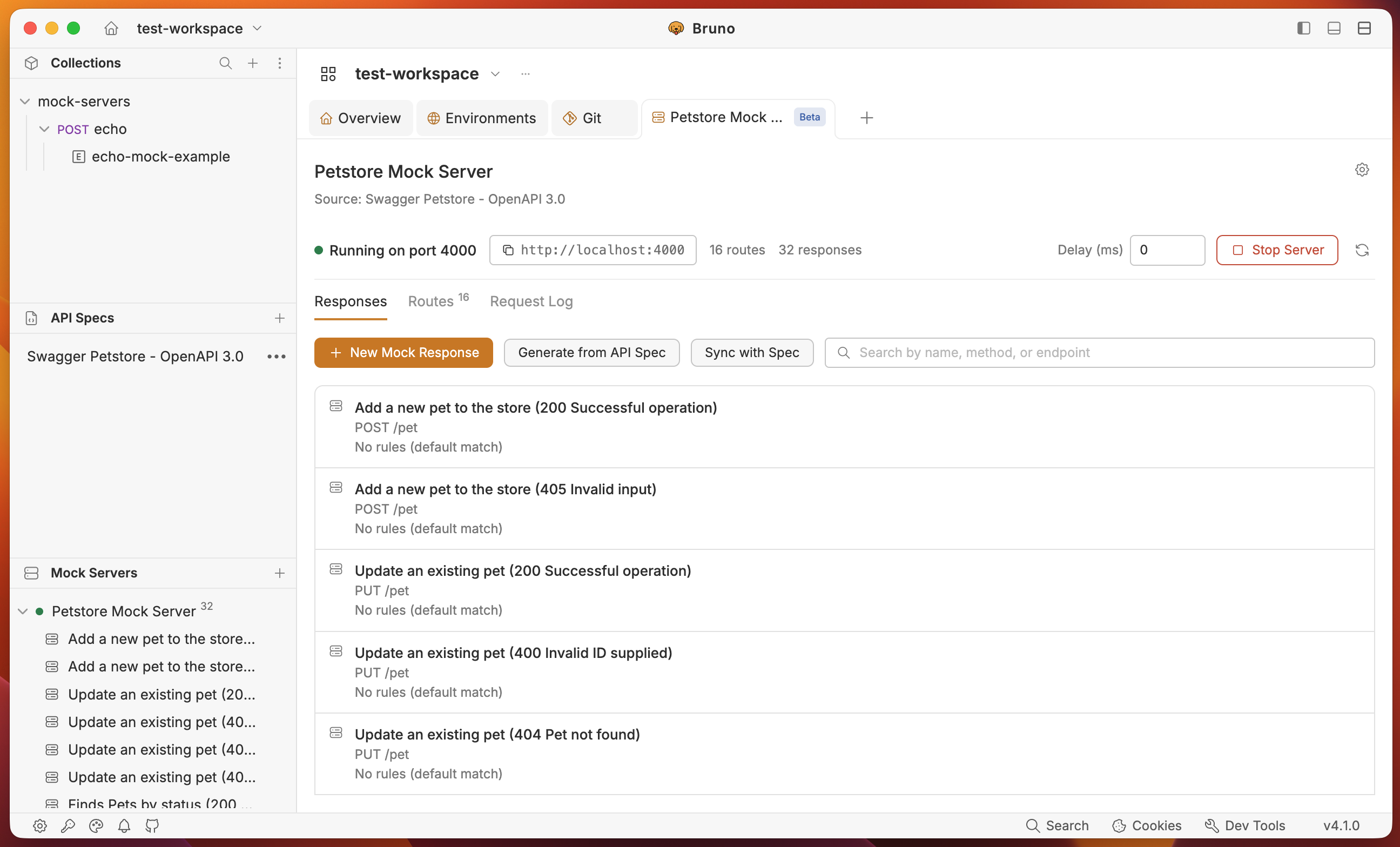 Responses tab populated with mock responses generated from the spec