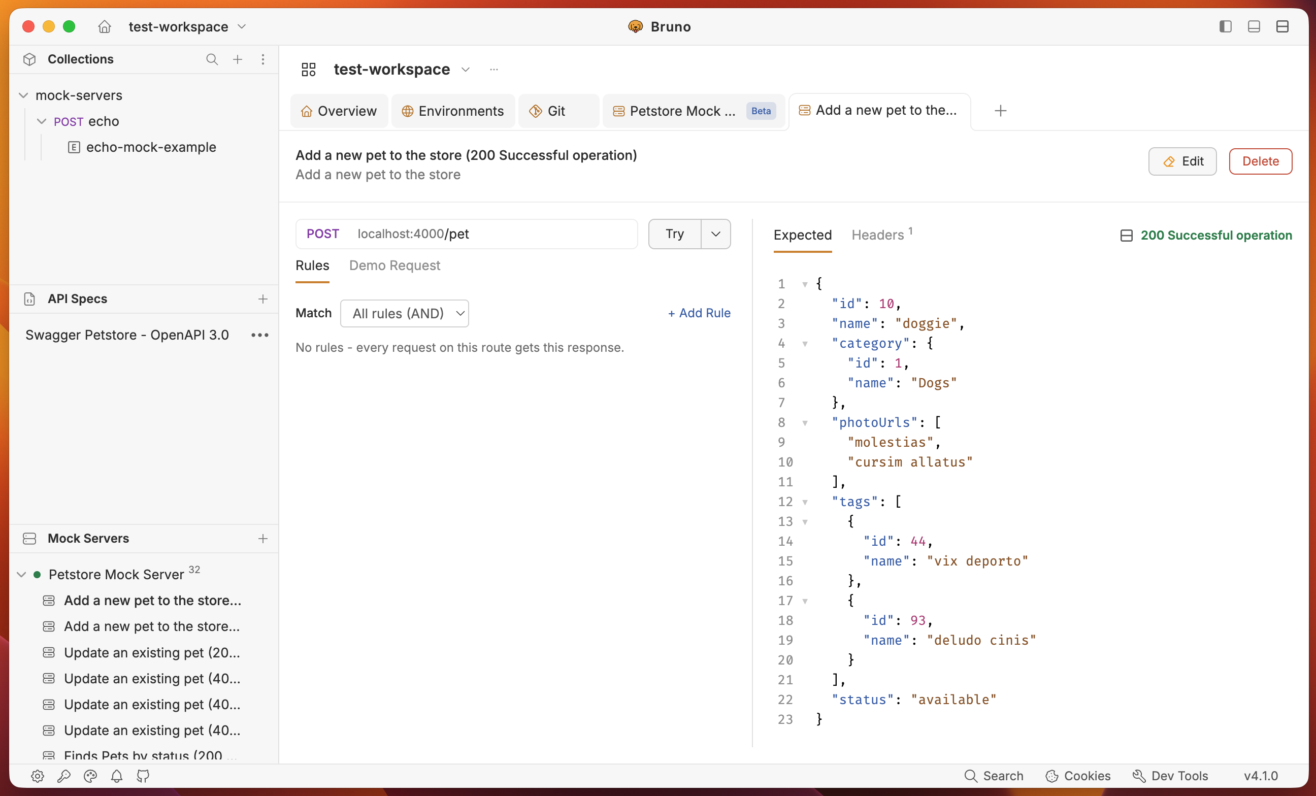 Mock response editor for a response generated from the spec