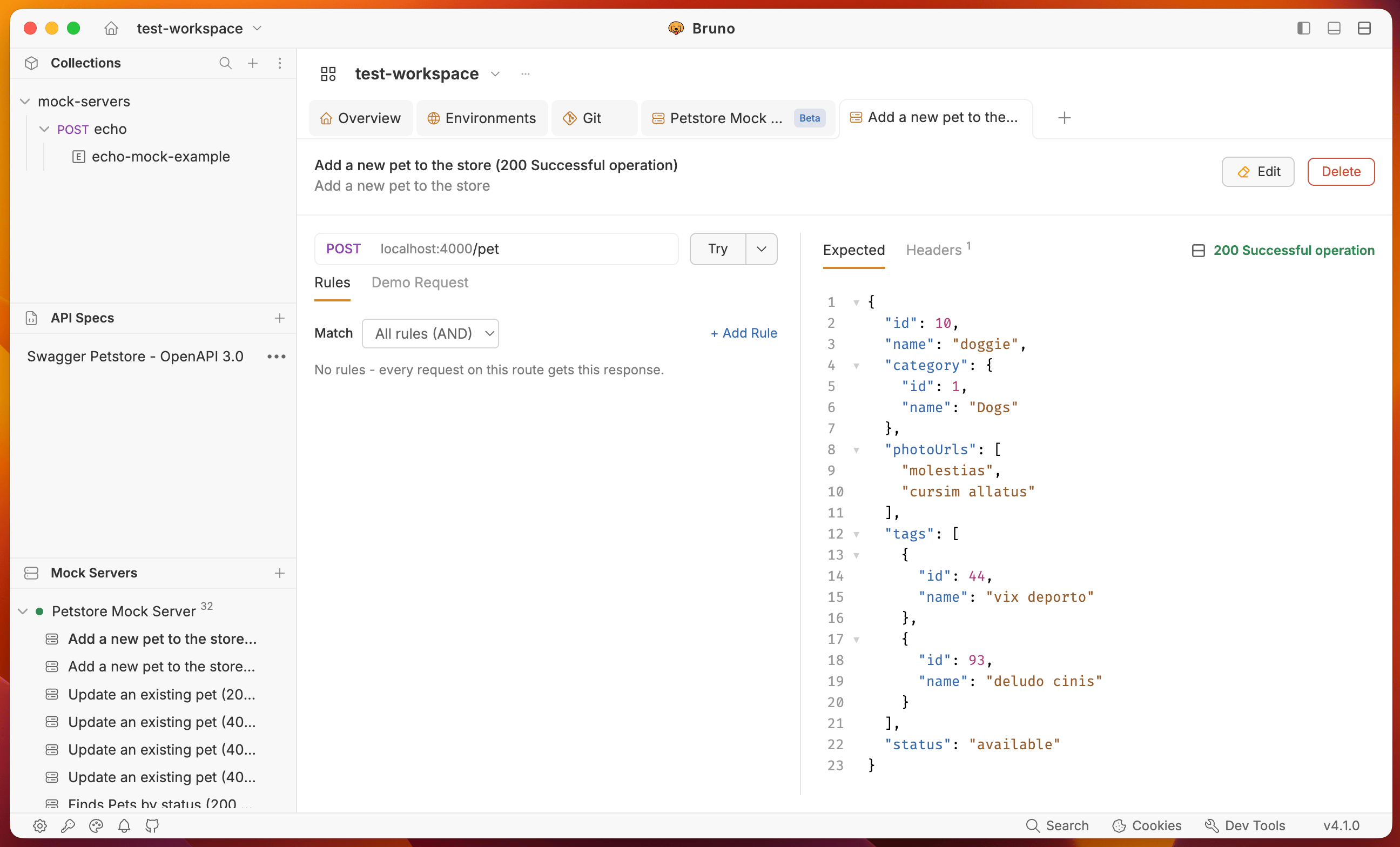 Mock response editor for a response generated from the spec