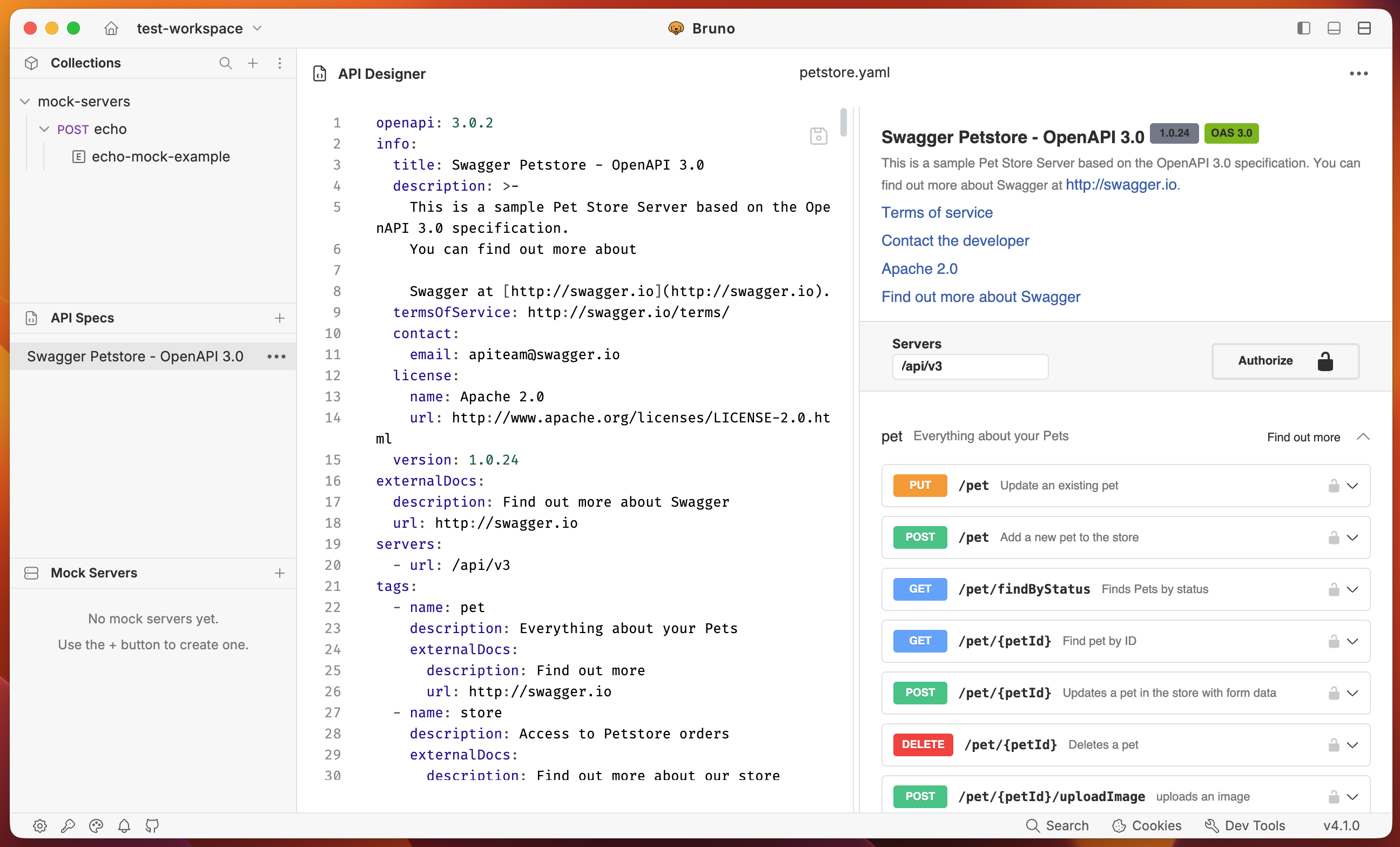 OpenAPI spec open in the Bruno API Designer