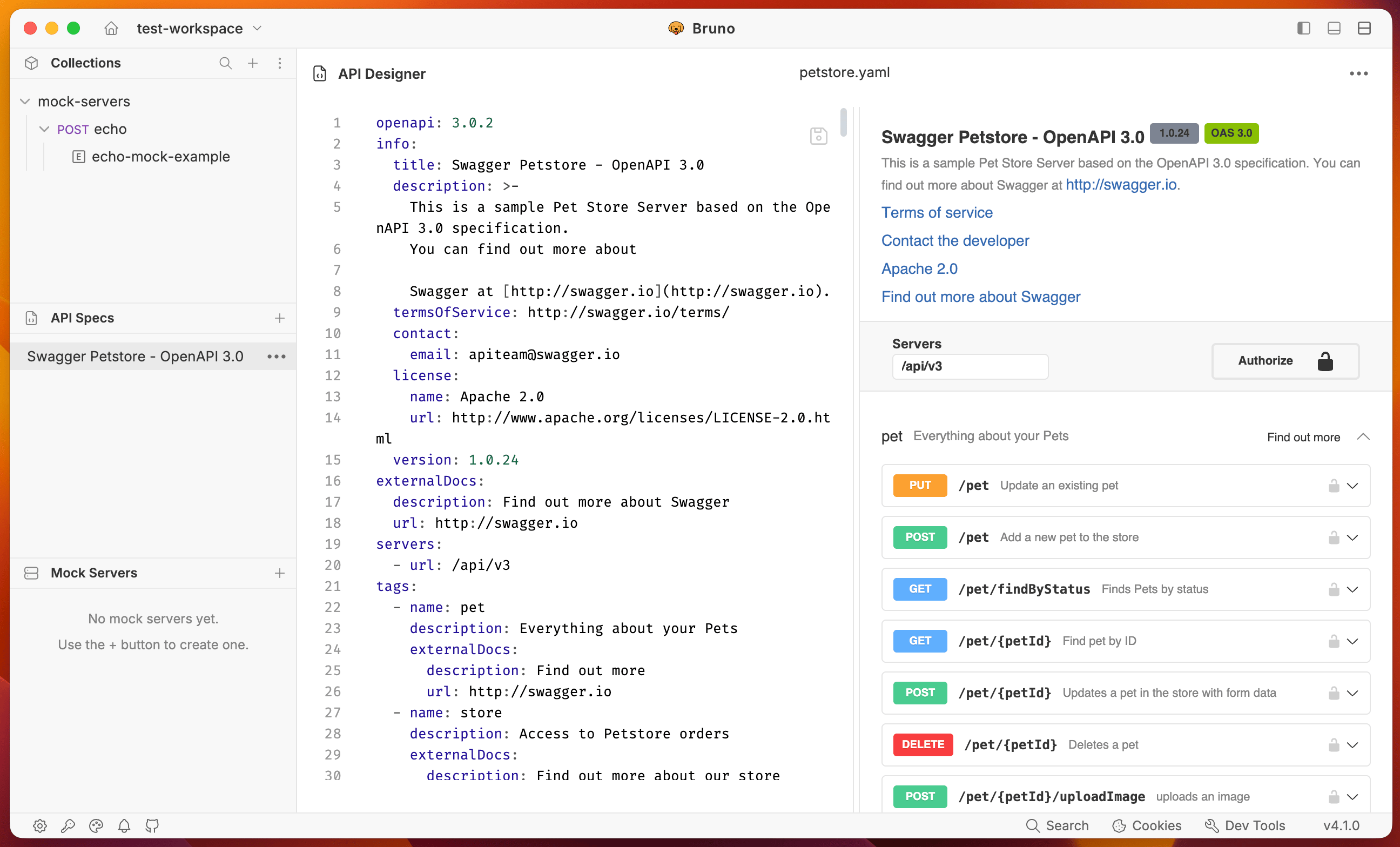 OpenAPI spec open in the Bruno API Designer