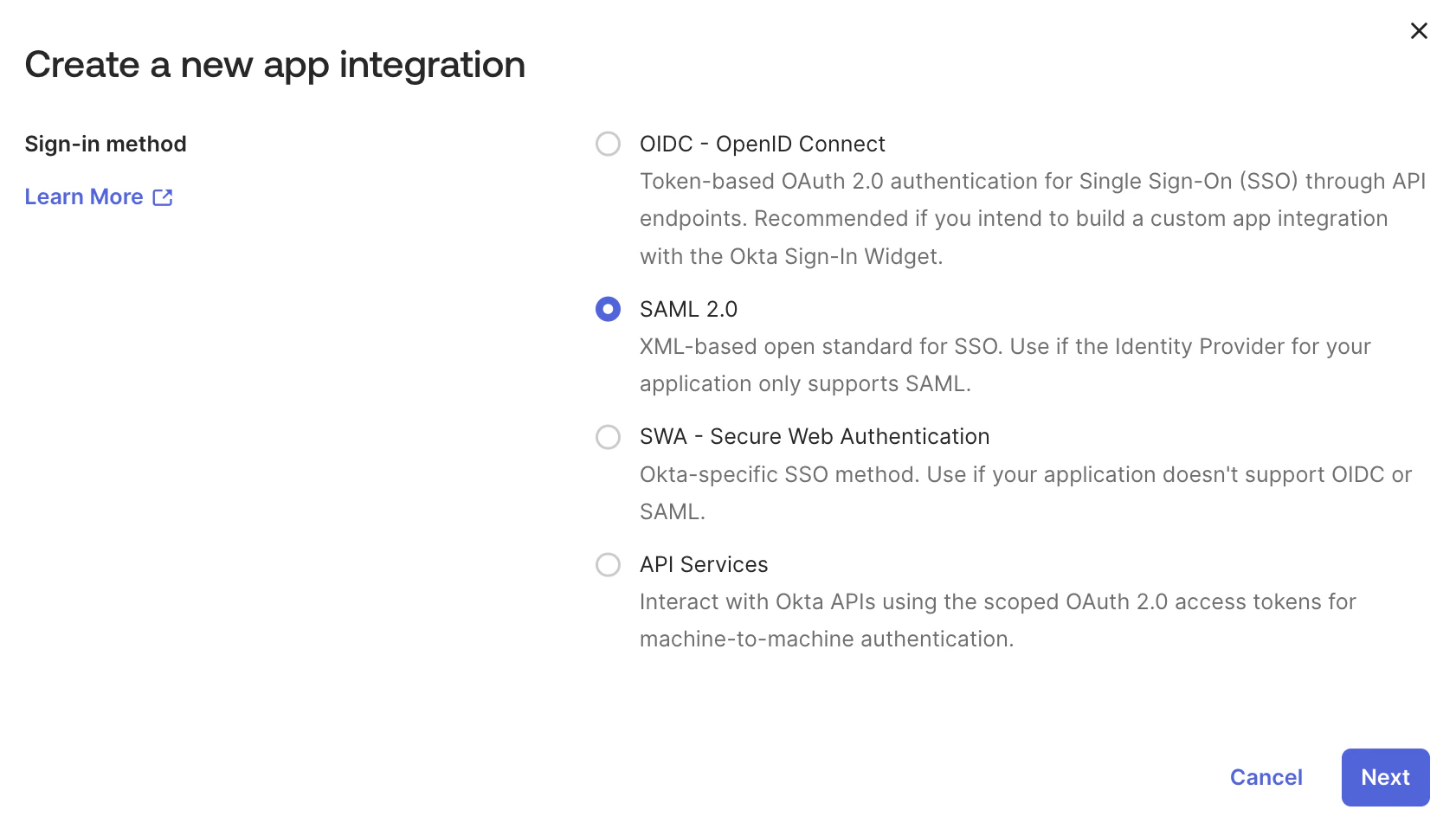 Select SAML 2.0 as sign-in method