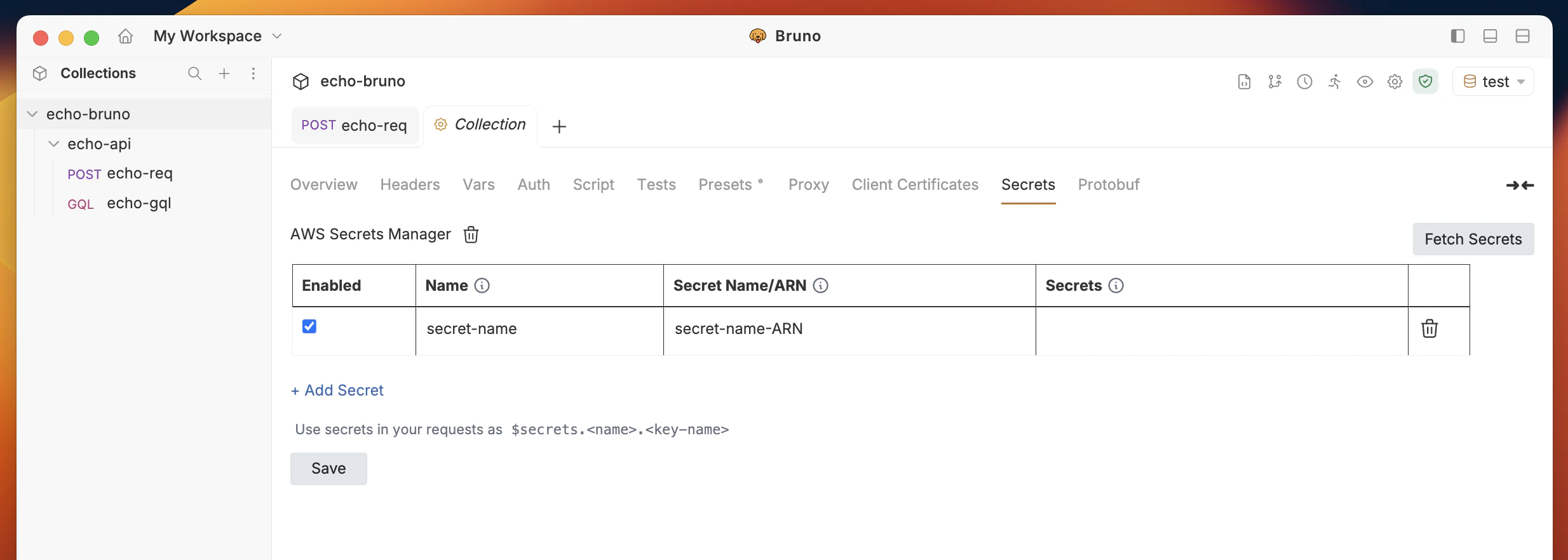 AWS Secret Configuration Dialog