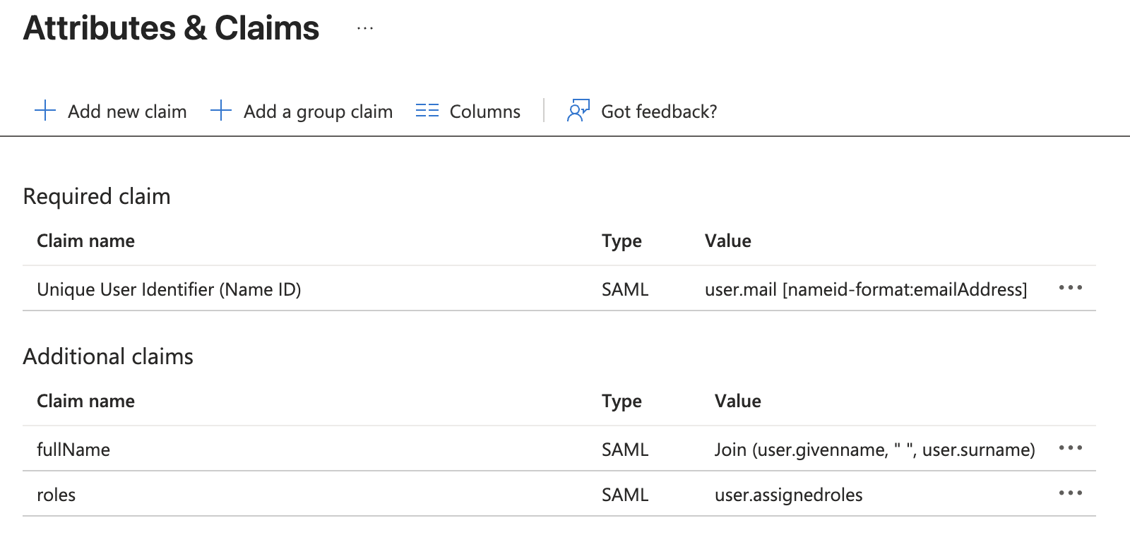 Finalized attributes and claims configuration in Entra ID