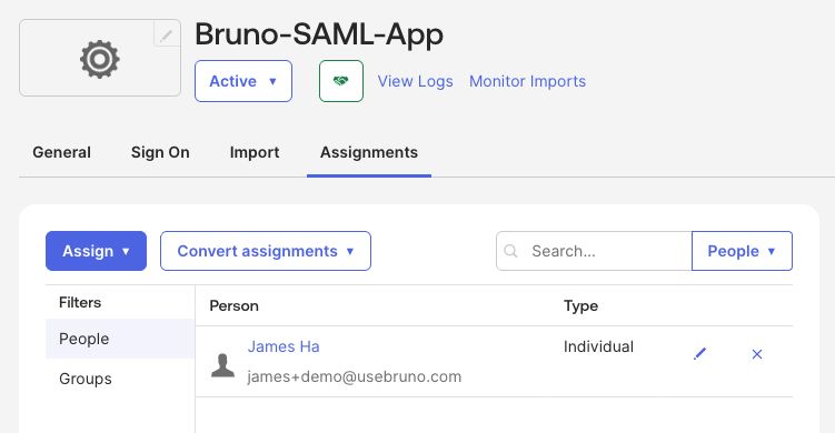 Assign users or groups to Bruno app in Okta