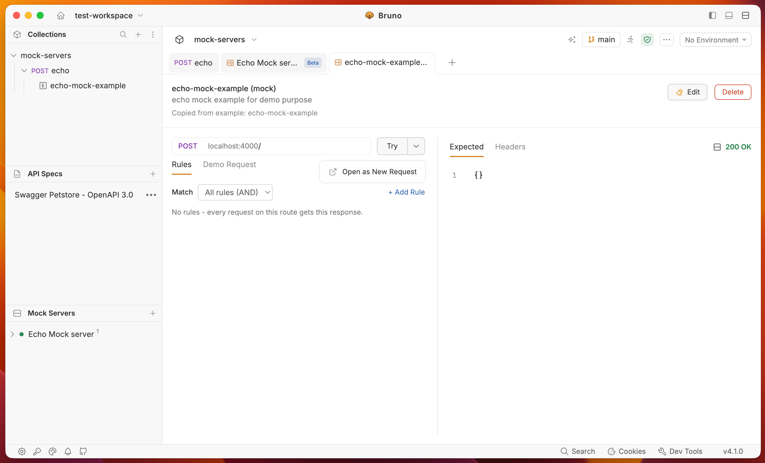 Mock response editor for a synced collection example