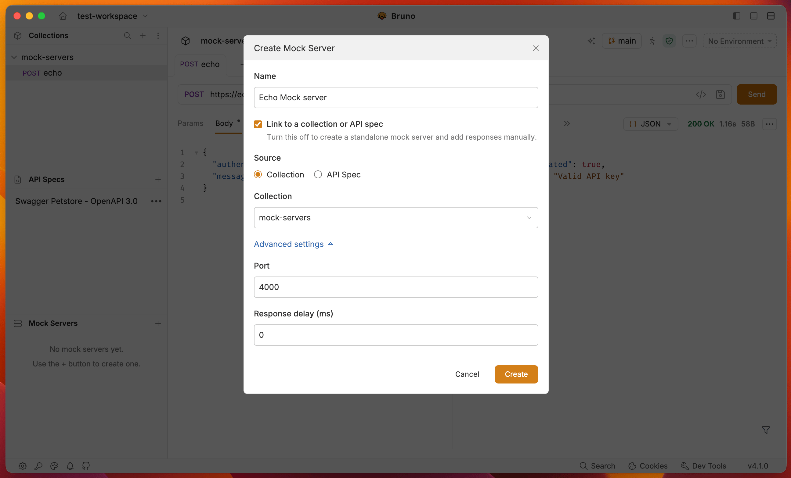 Create Mock Server dialog with Collection as the source