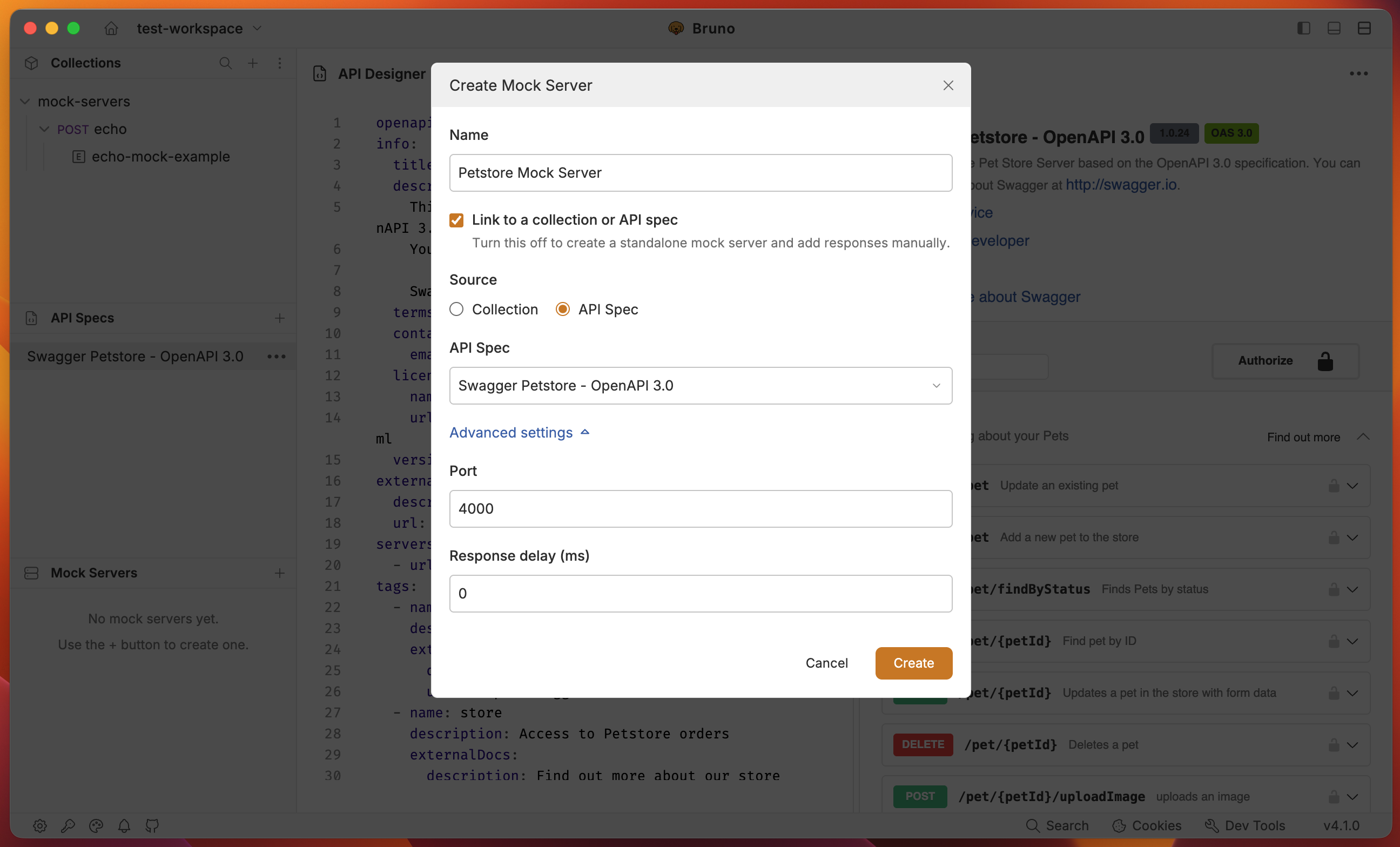 Create Mock Server dialog with API Spec as the source