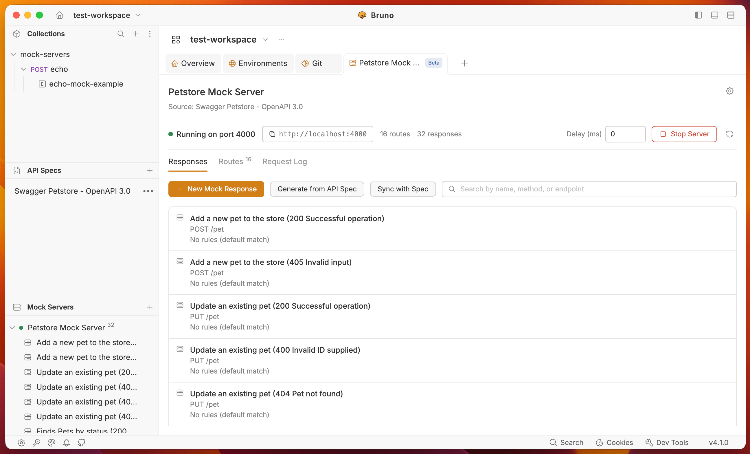 Responses tab populated with mock responses generated from the spec