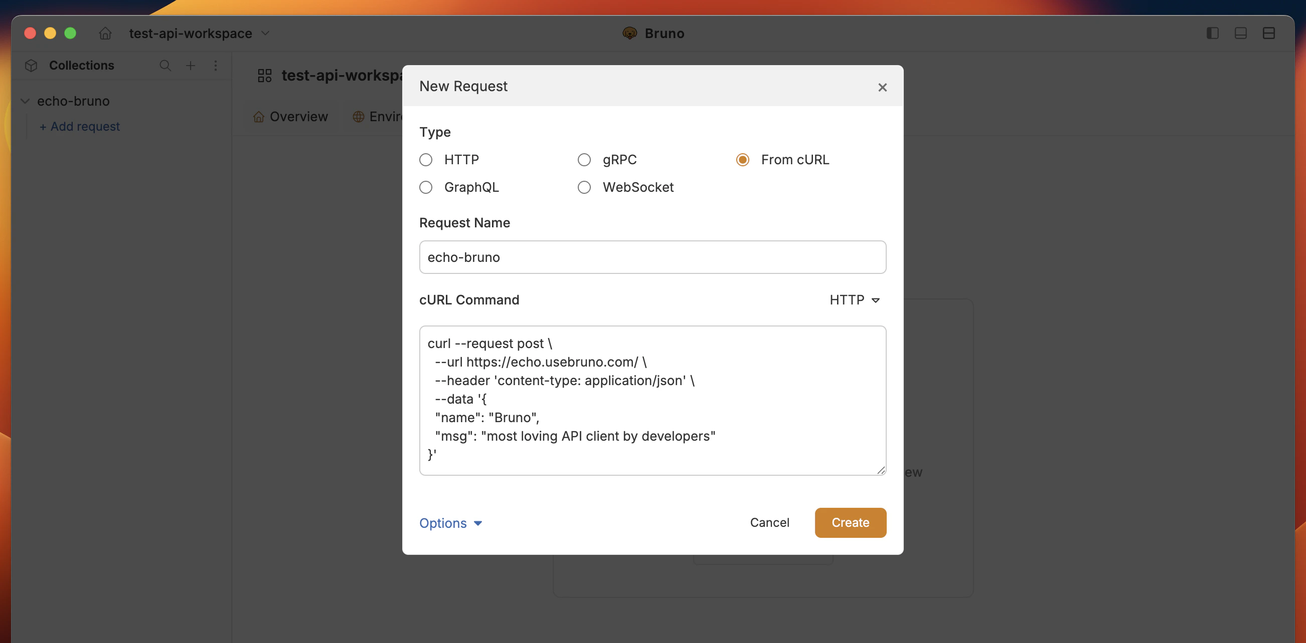 New Request dialog — From cURL