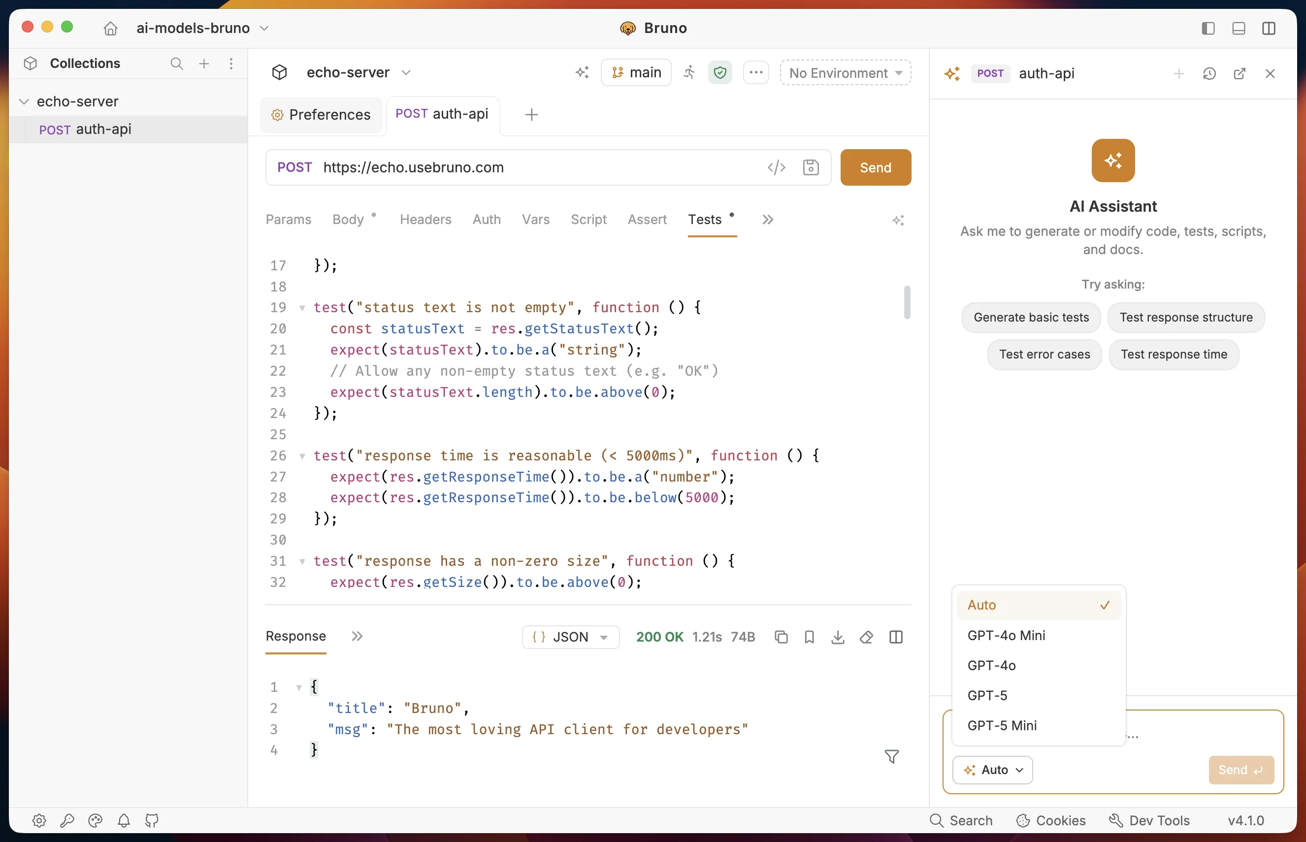 AI Assistant model picker listing the enabled OpenAI models