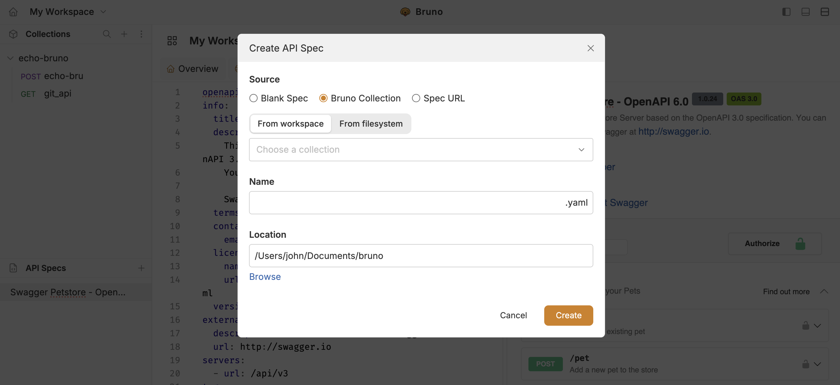 Create API Spec from a collection in the workspace
