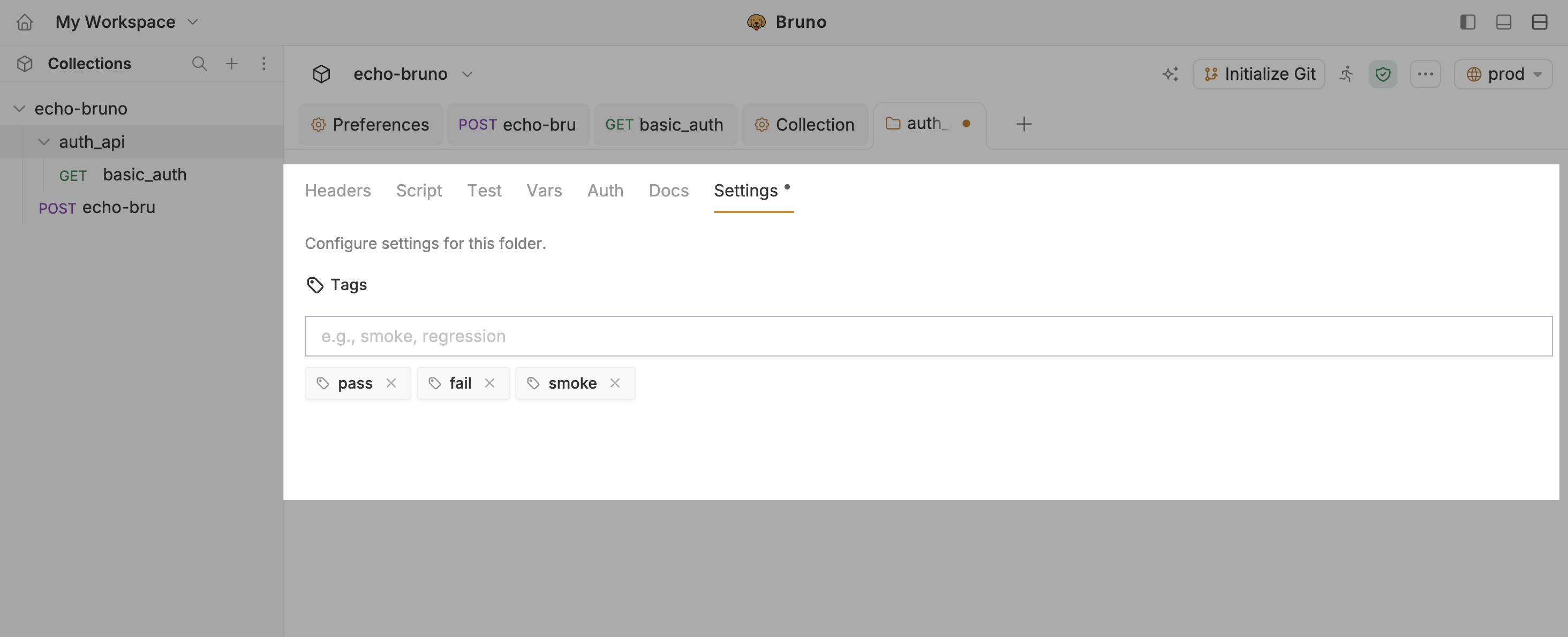 Folder Settings tab with Tags input and chips