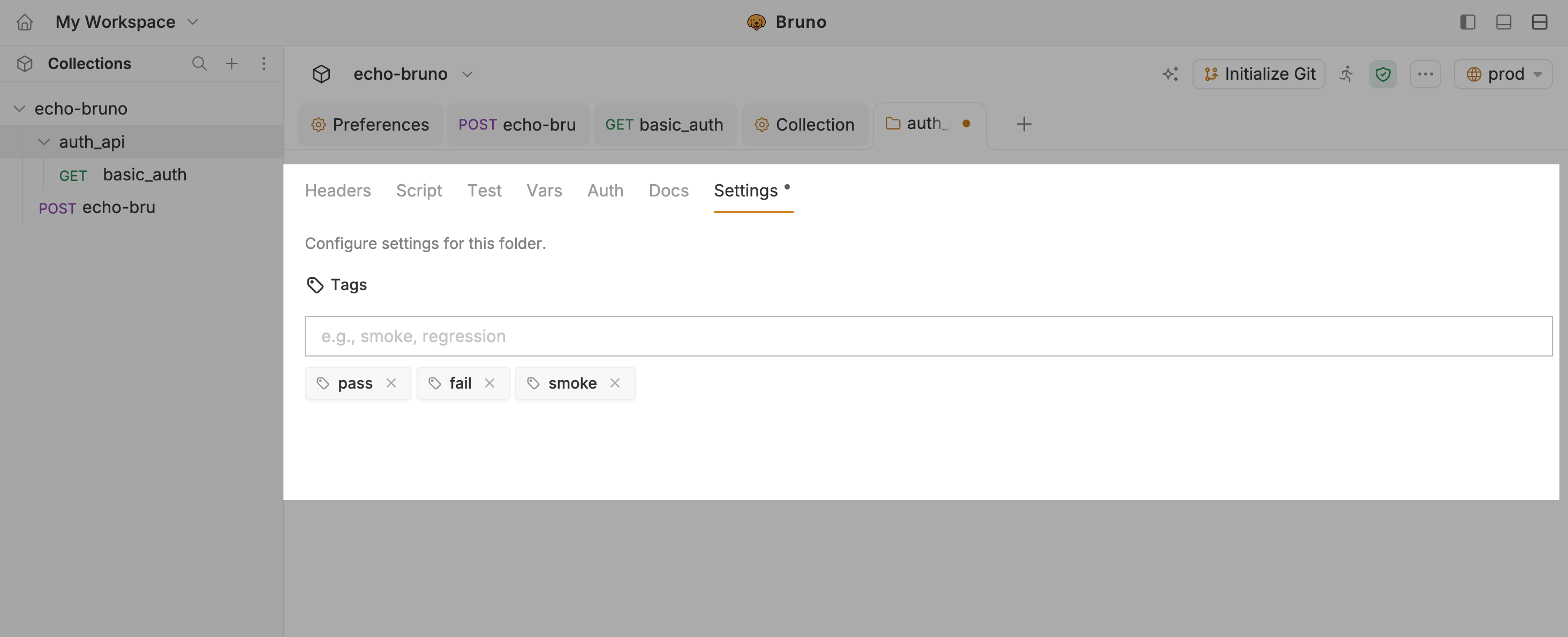 Folder Settings tab with Tags input and chips