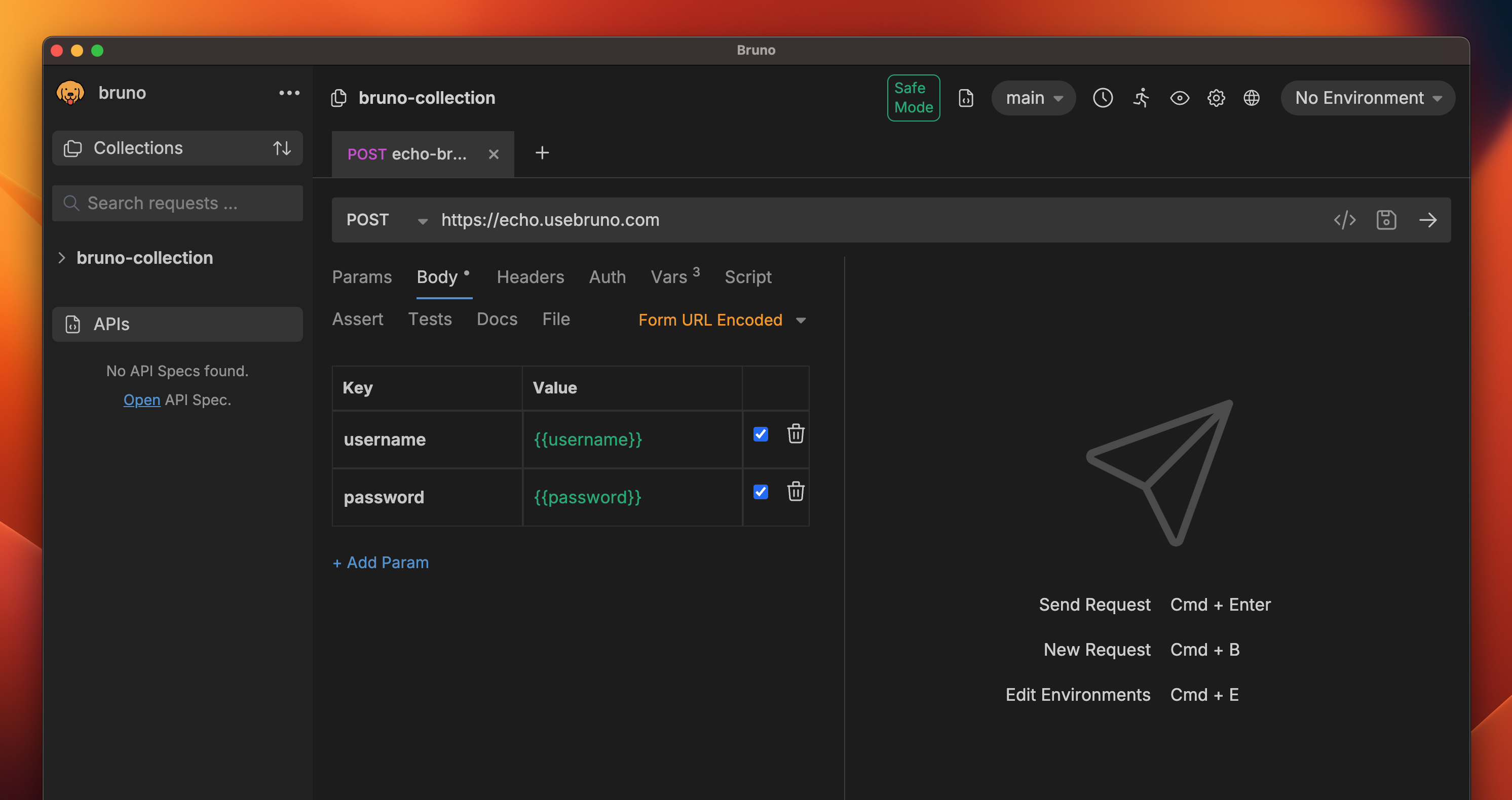 Screenshot showing how to use defined variables in the request body