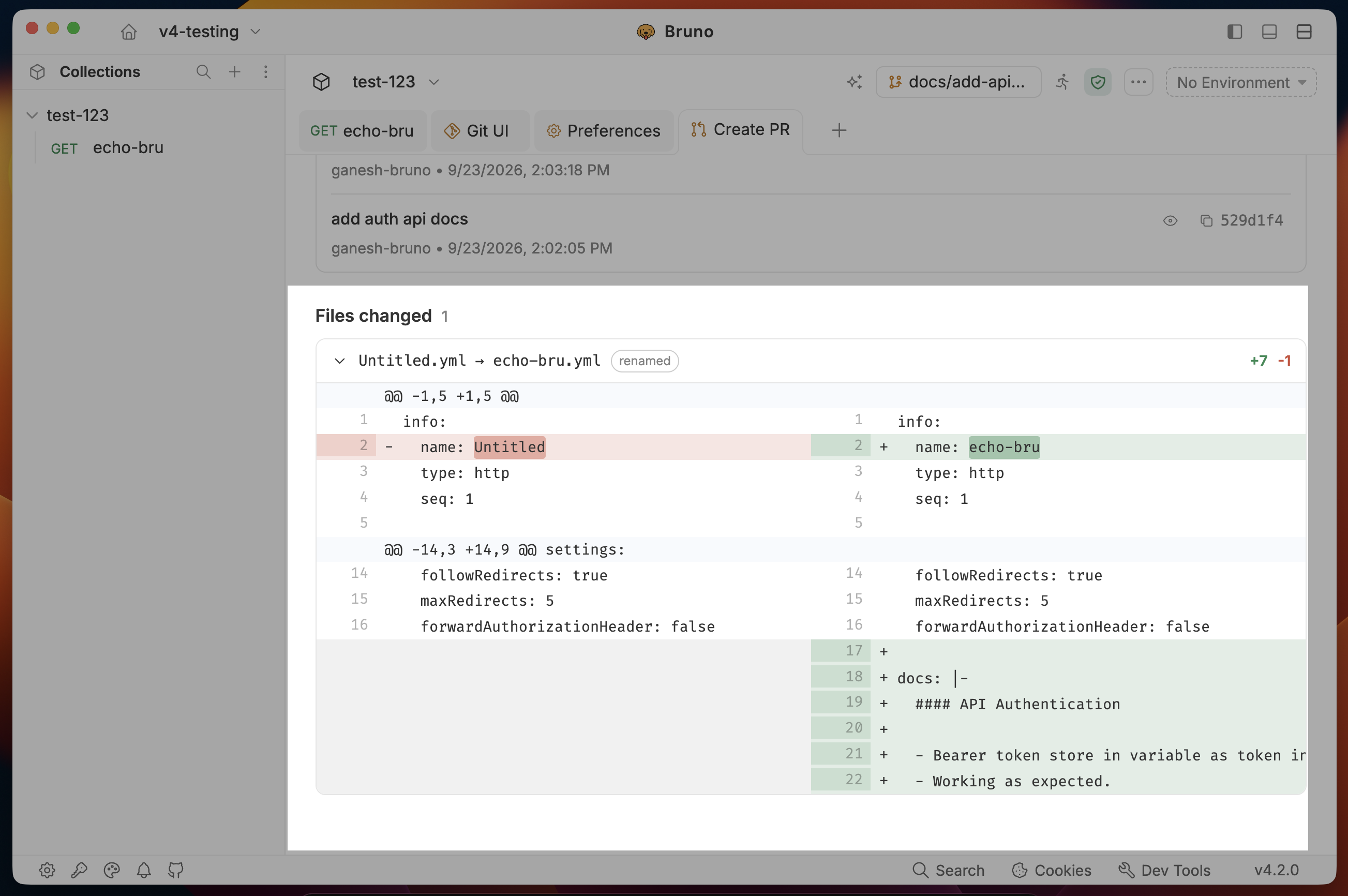 Commits and Files changed diff in the Create PR tab