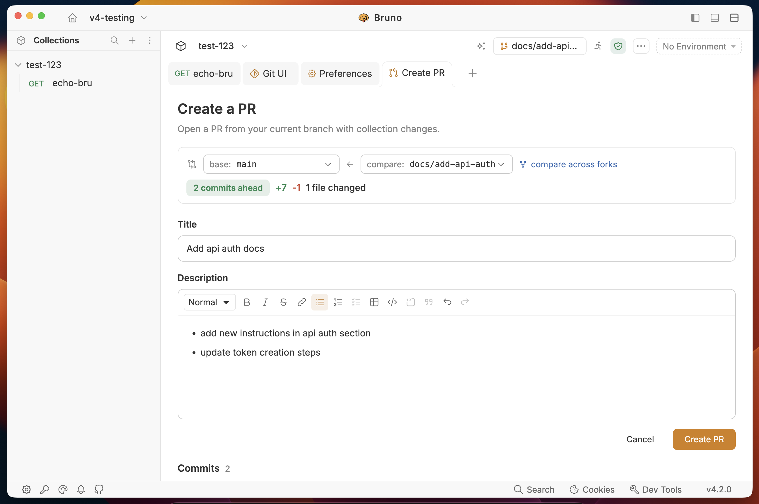 Create PR tab with base and compare branches, title, and description