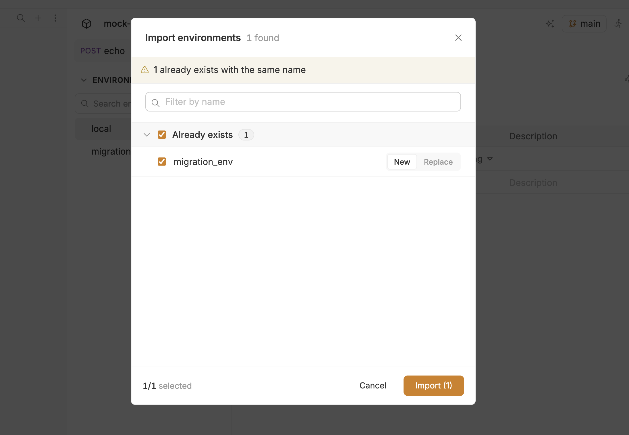 Import environments dialog when a name already exists