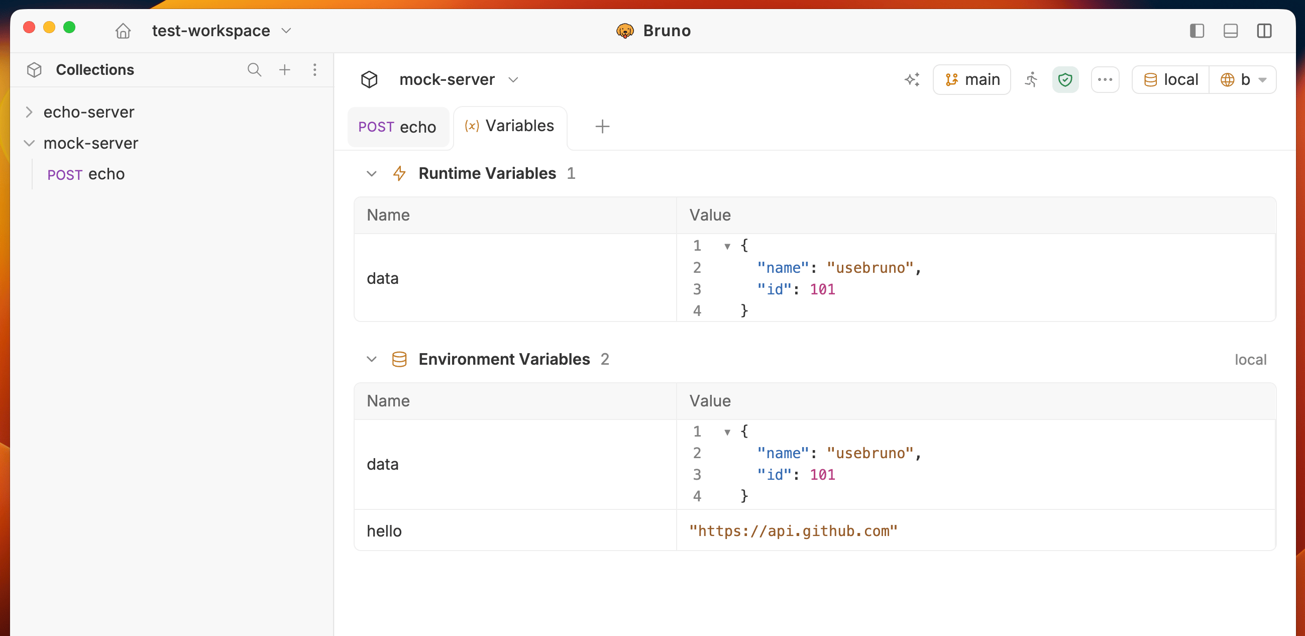 Runtime variables table with nested JSON values