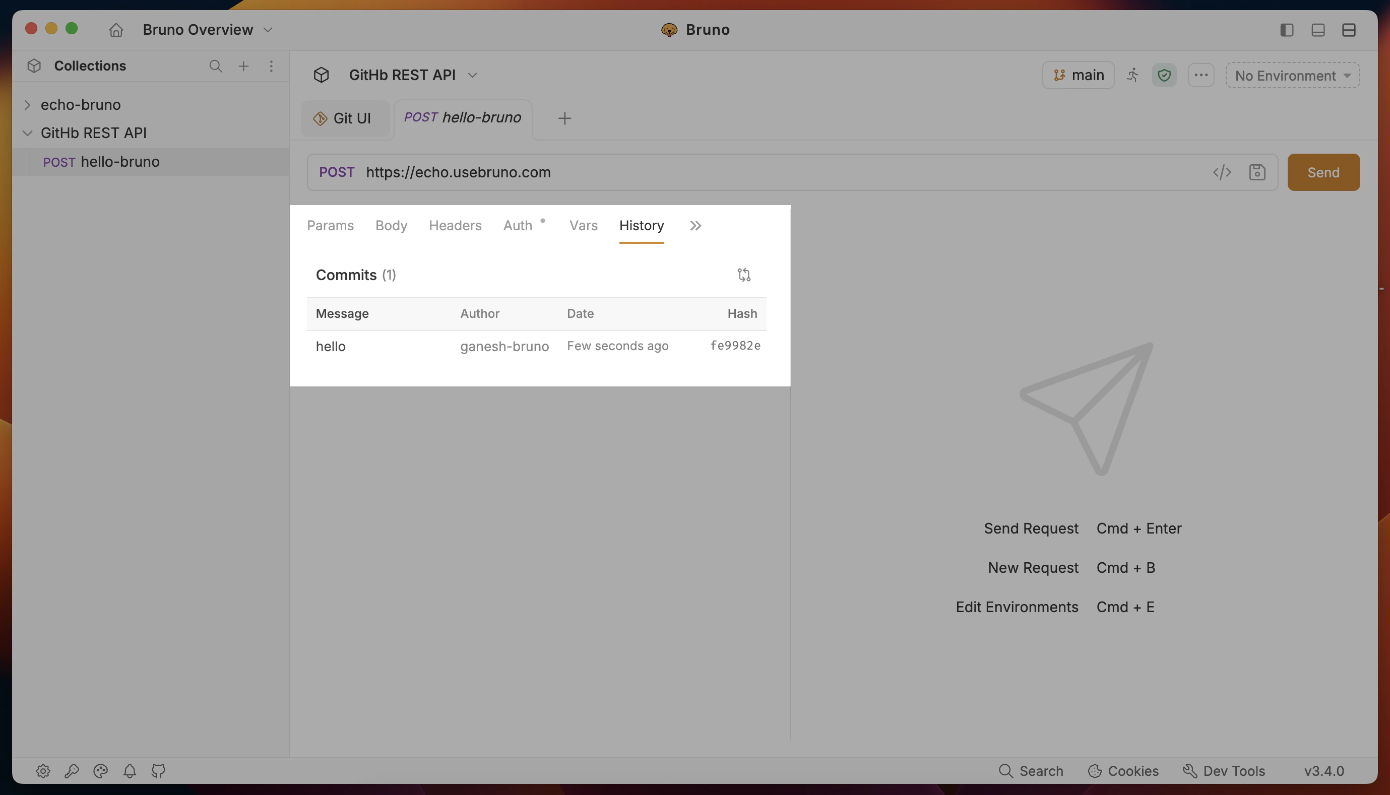 History tab — no git repository