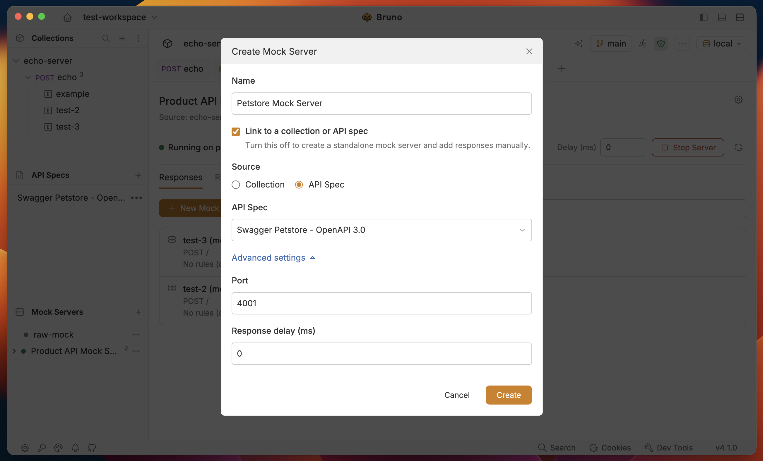 Create mock server linked to an API spec