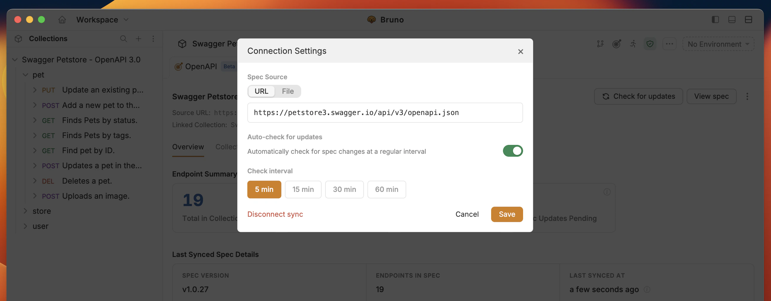 Edit connection settings – auto check for updates