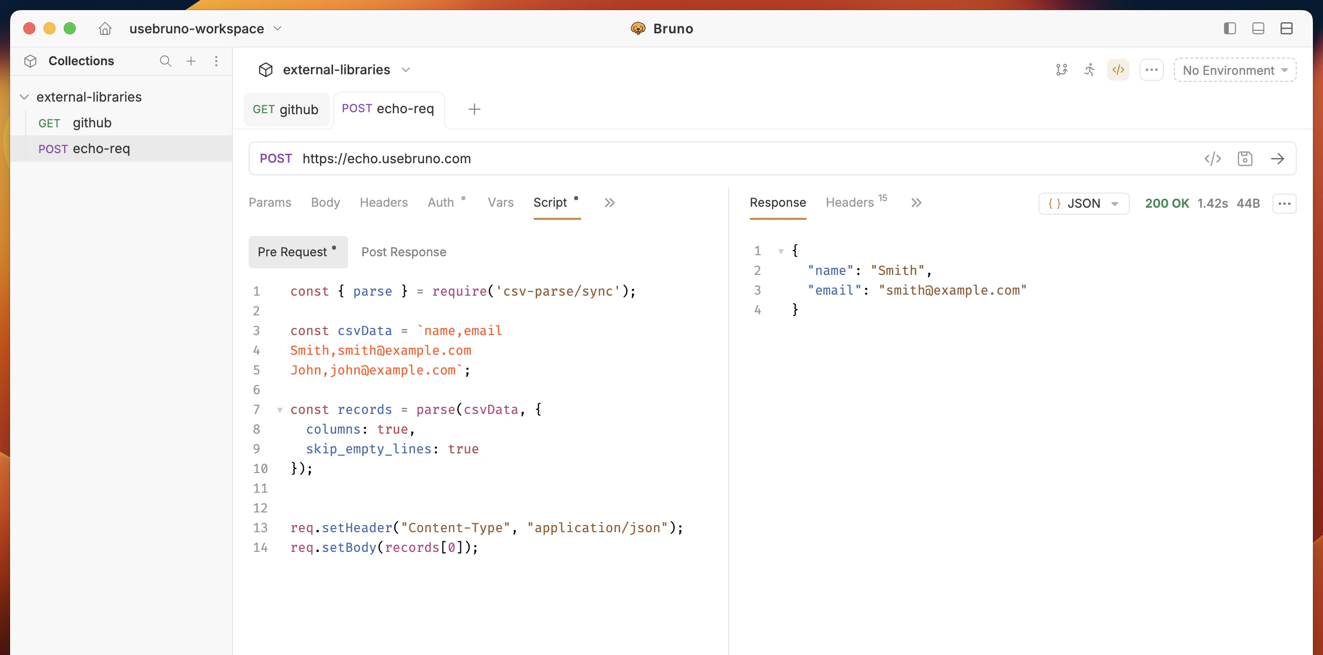 Bruno Pre Request script using an external library (csv-parse)