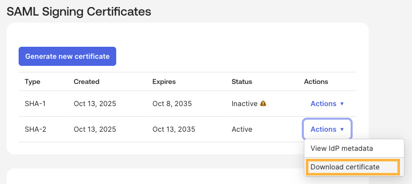 Download SAML certificate from Okta