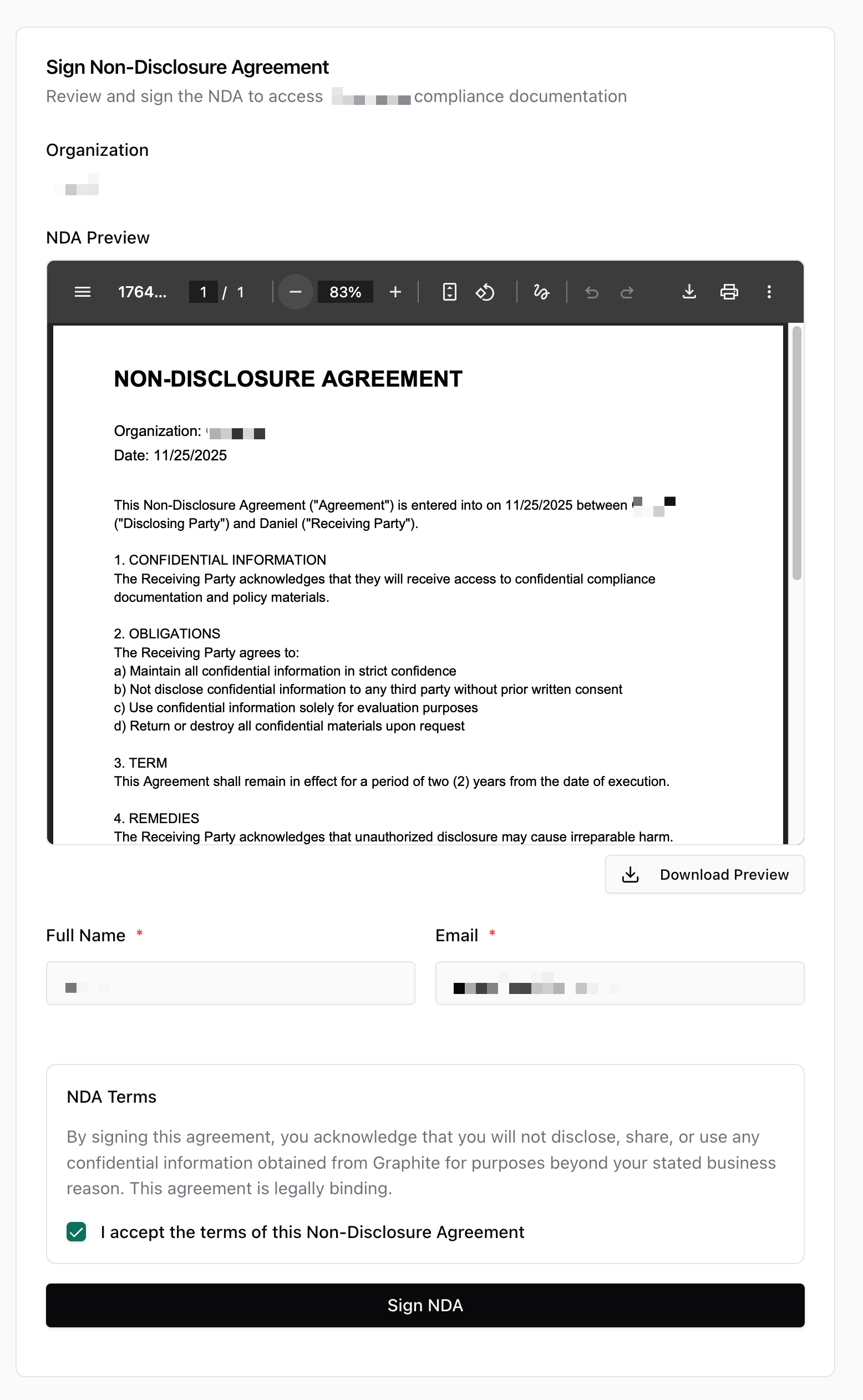 NDA Signing Page