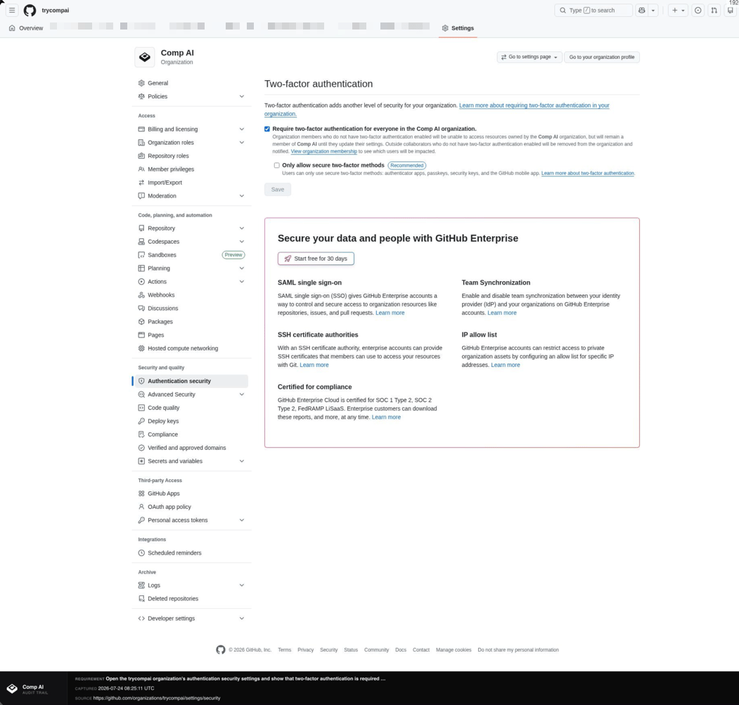 Automated browser evidence — a captured page with a Comp AI audit banner