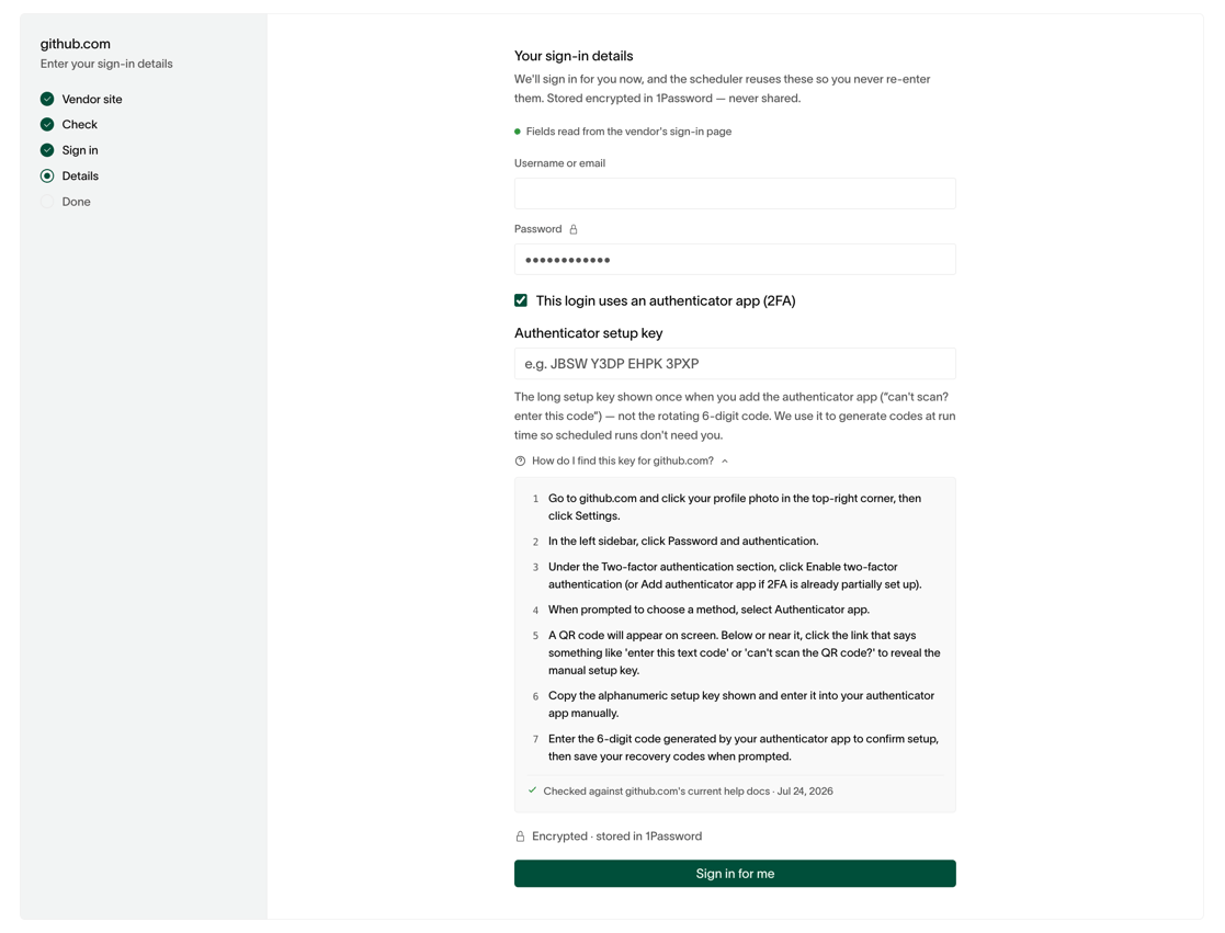 Entering the authenticator setup key, with per-vendor guidance