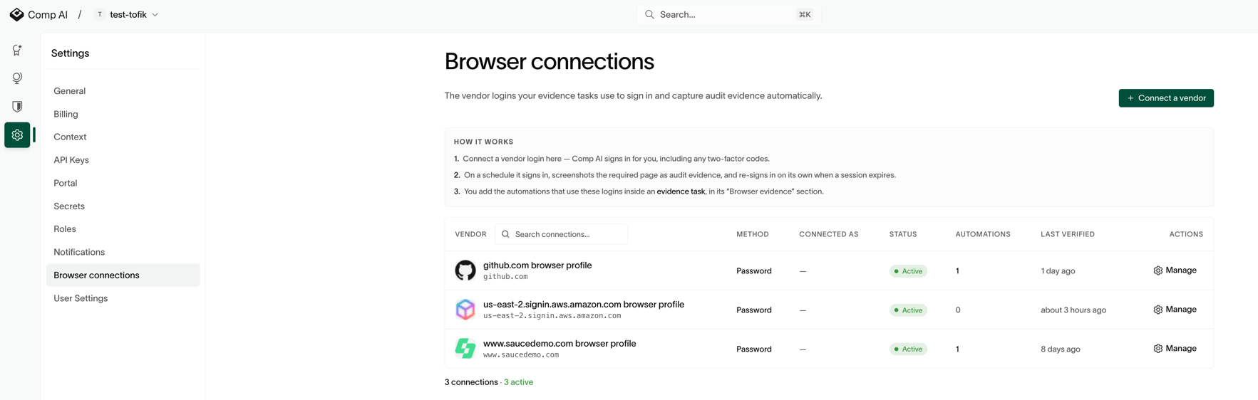 The Browser connections settings page