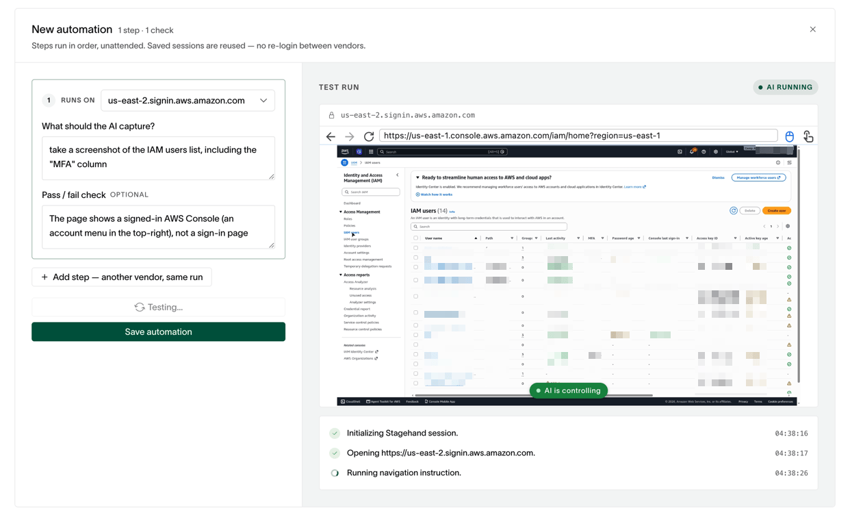 Live test run — the AI controlling a browser to capture evidence