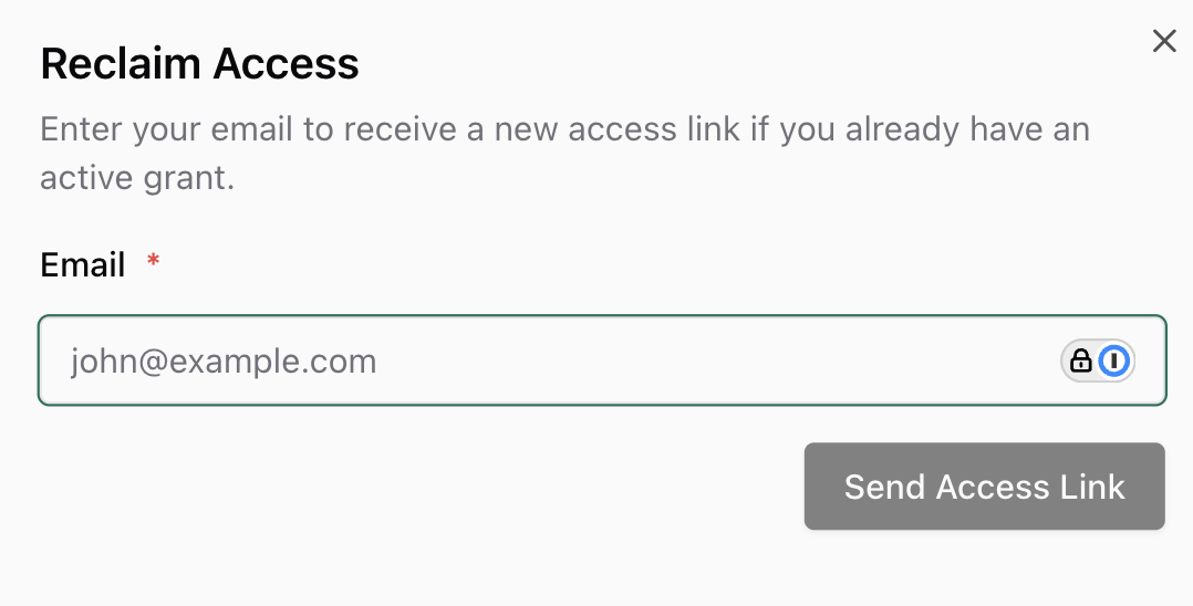 Reclaim Access button and form