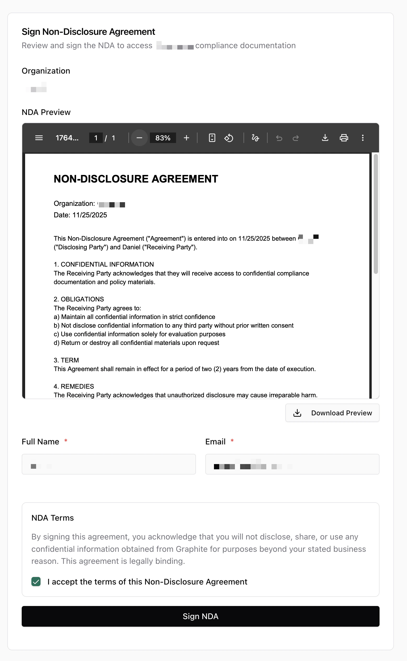 NDA Signing Page