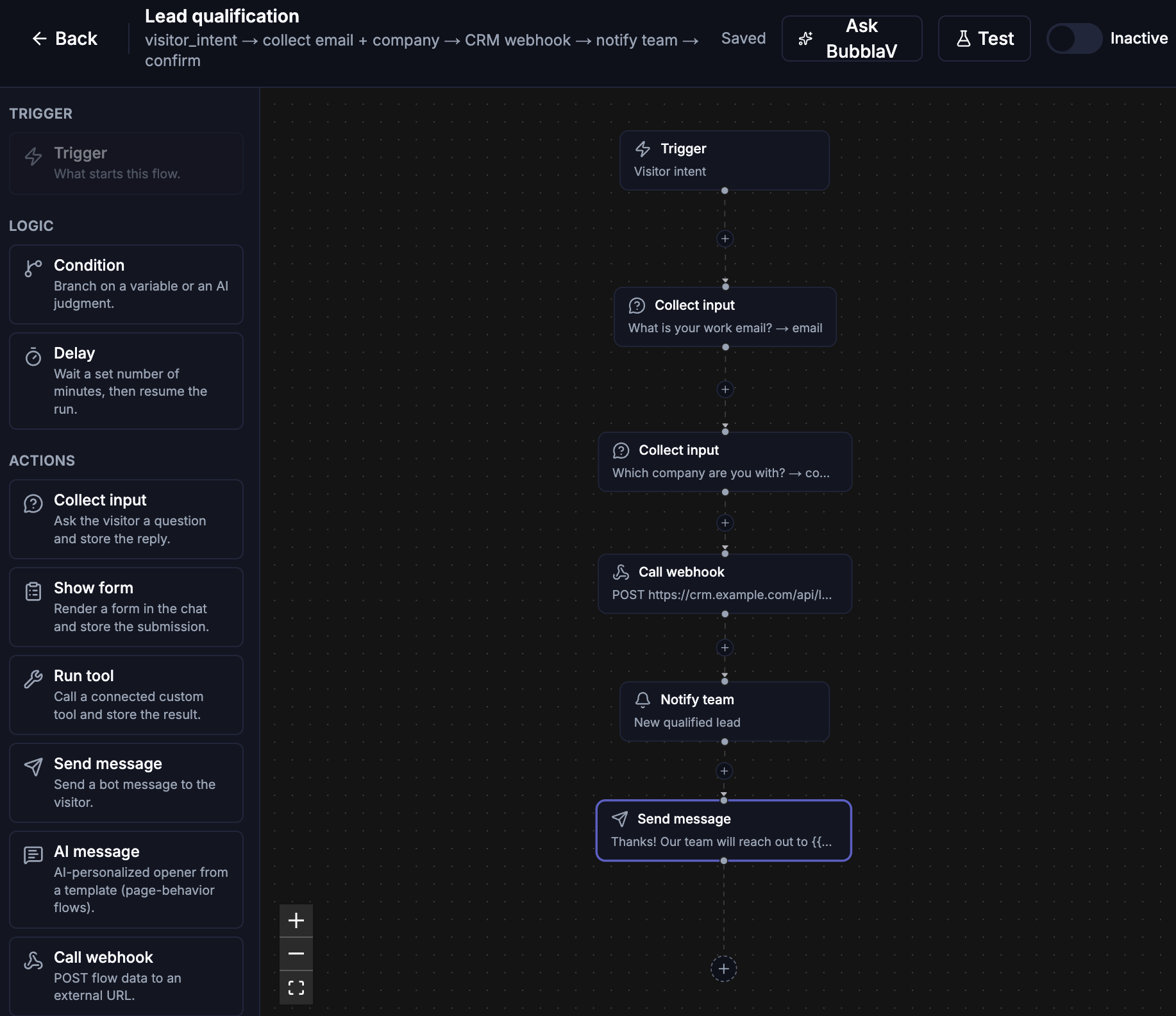 Flow editor — node palette, canvas with connected nodes, and test button