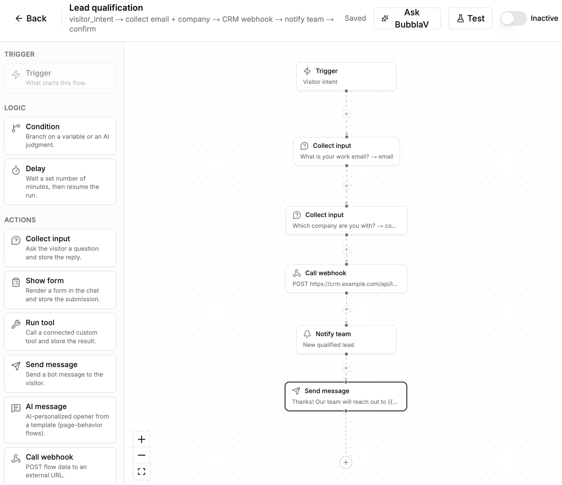 Flow editor — node palette, canvas with connected nodes, and test button