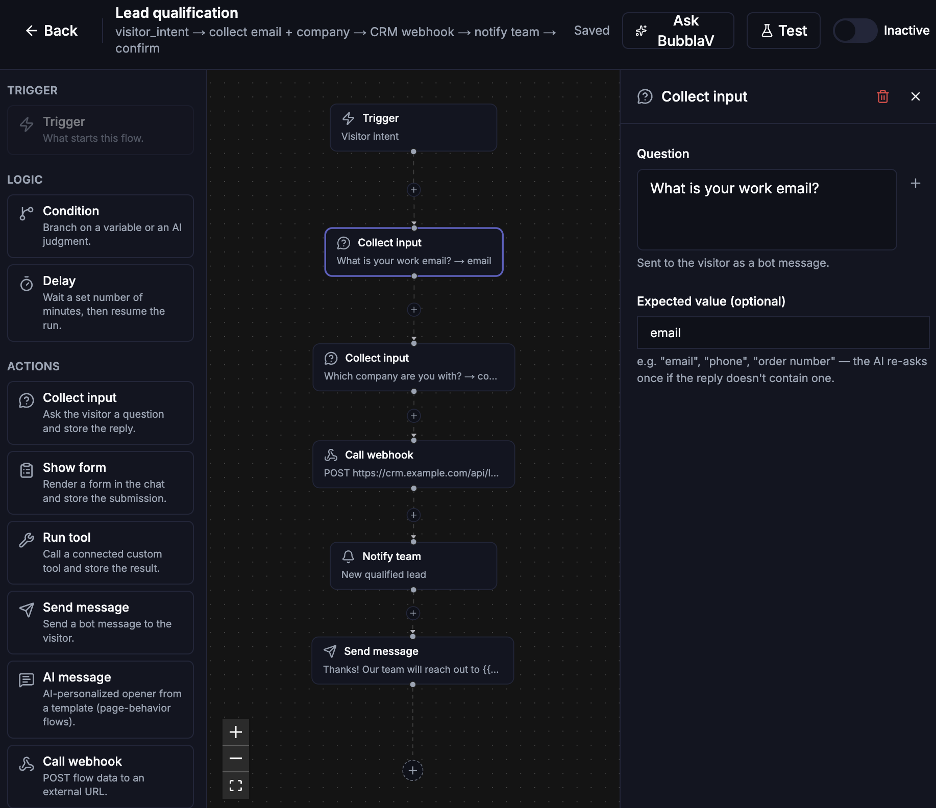 Node configuration panel — a Collect input node's question and expected value