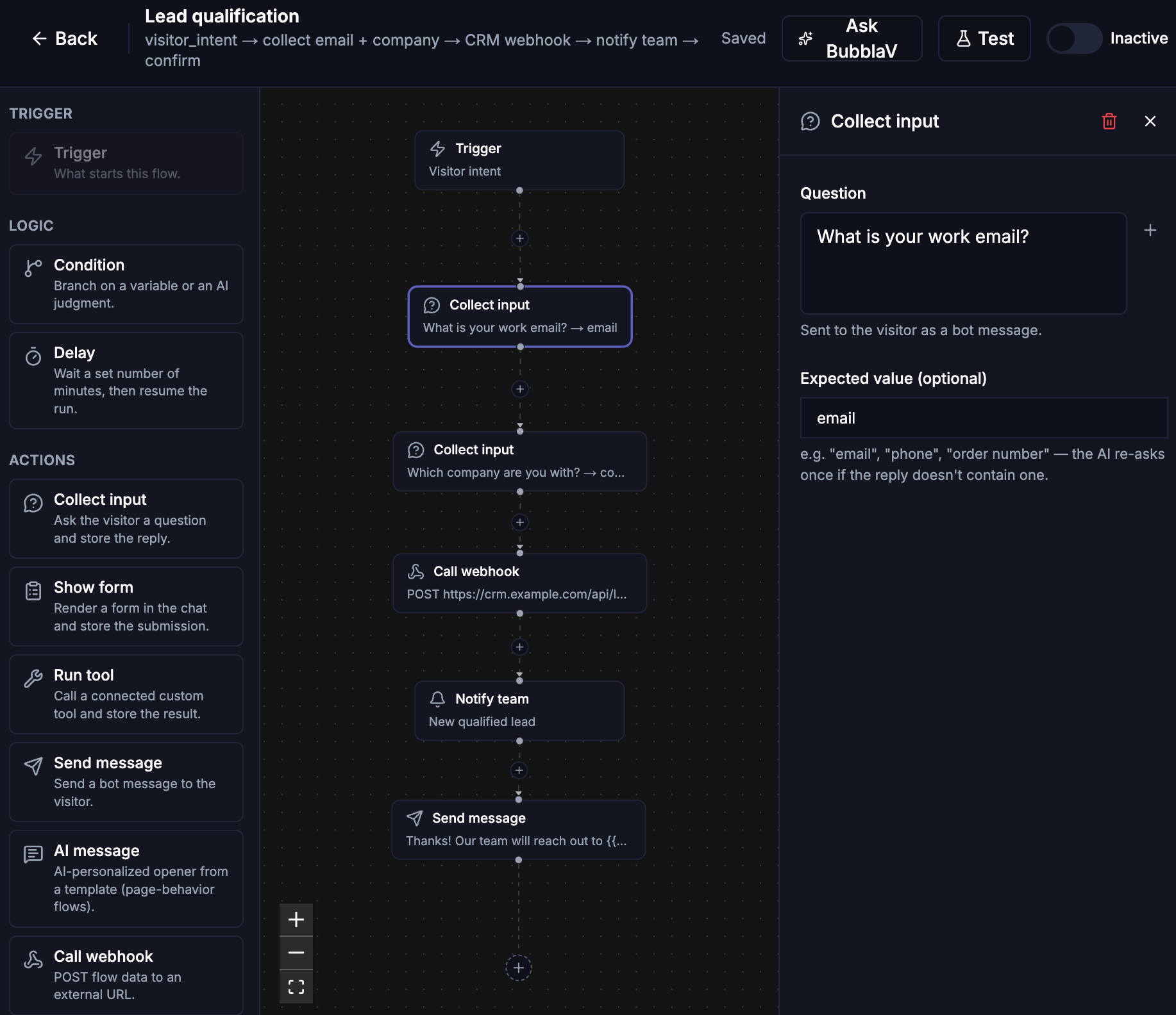 Node configuration panel — a Collect input node's question and expected value