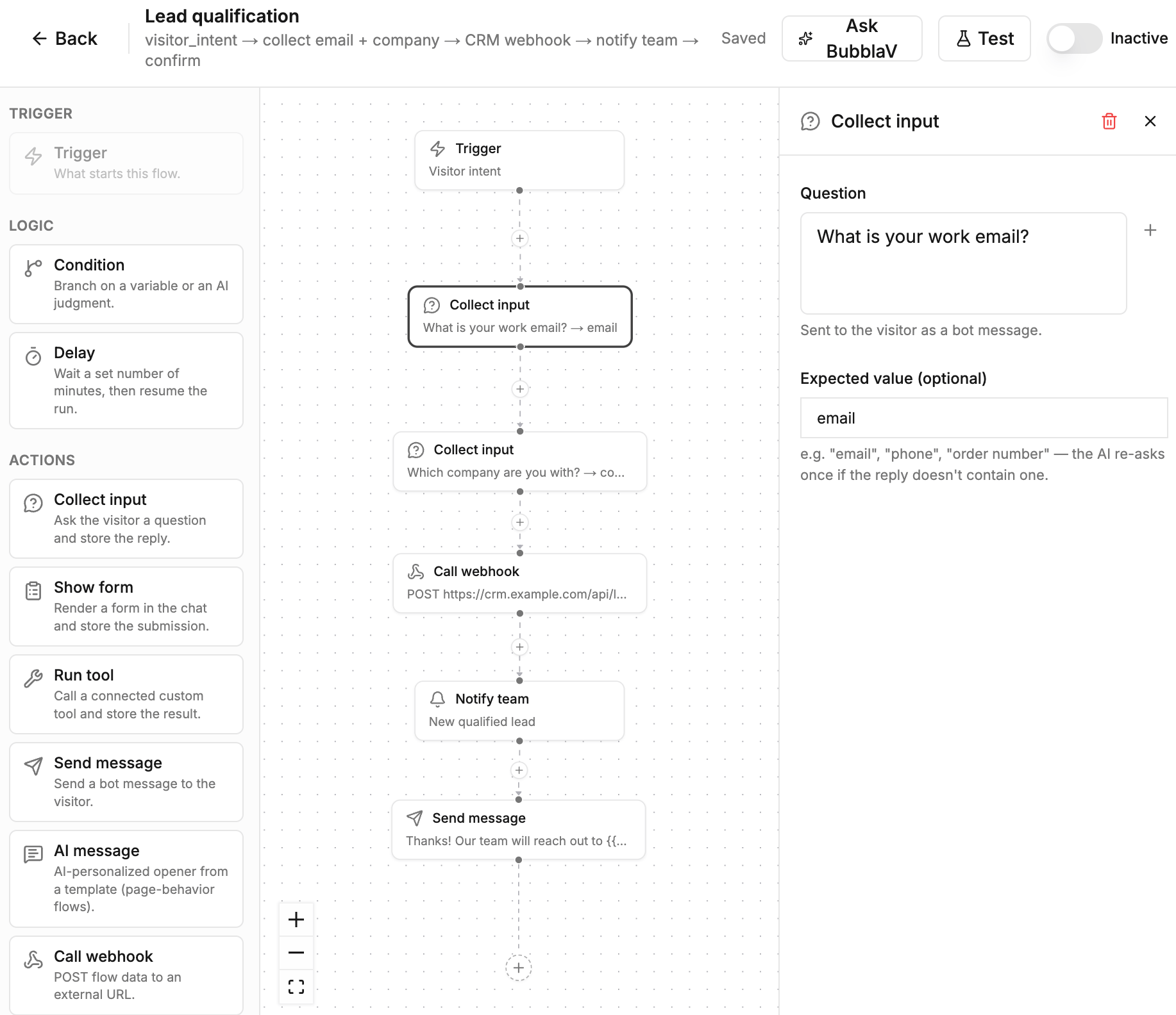 Node configuration panel — a Collect input node's question and expected value