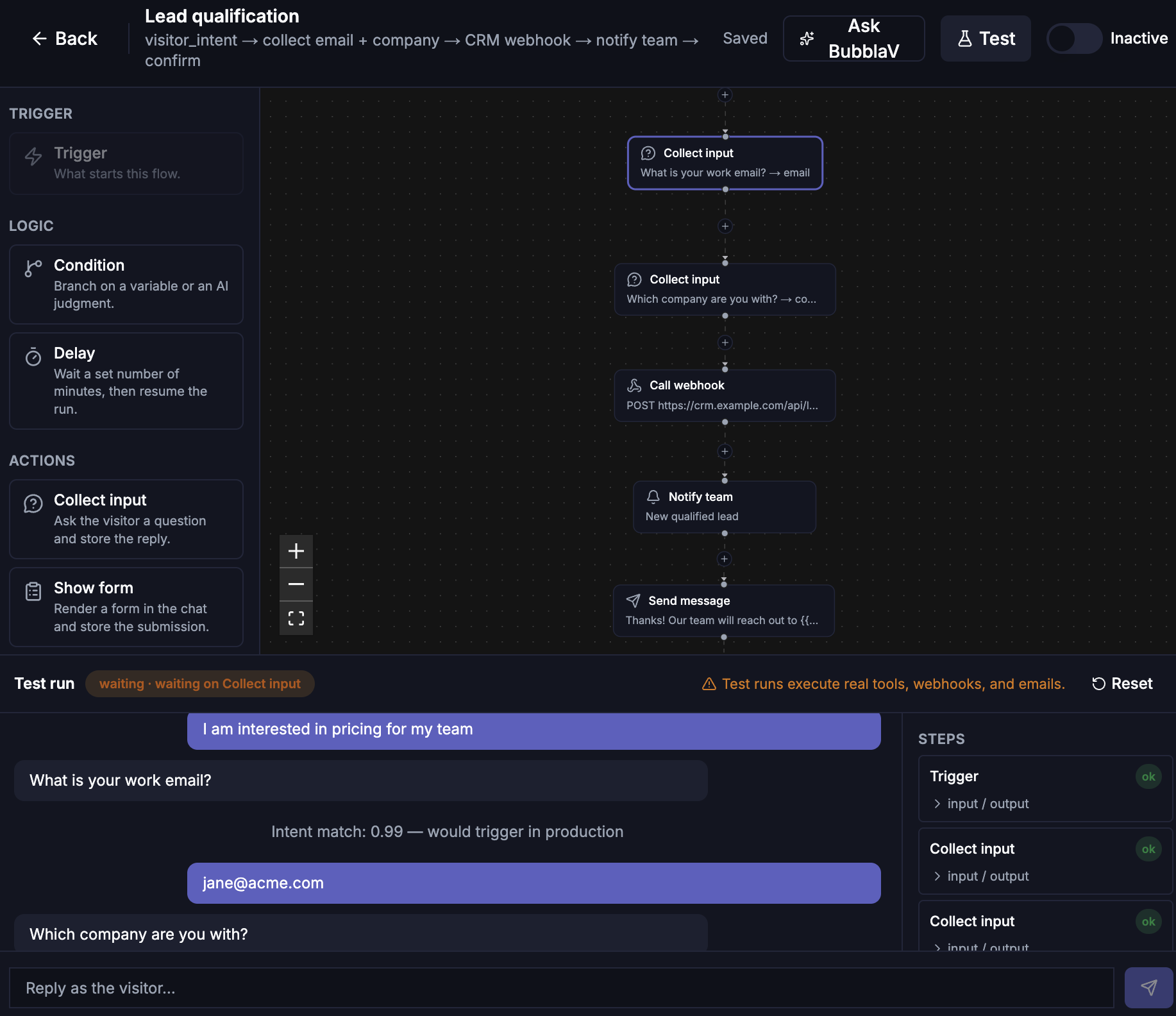 Test panel — visitor transcript and per-step status