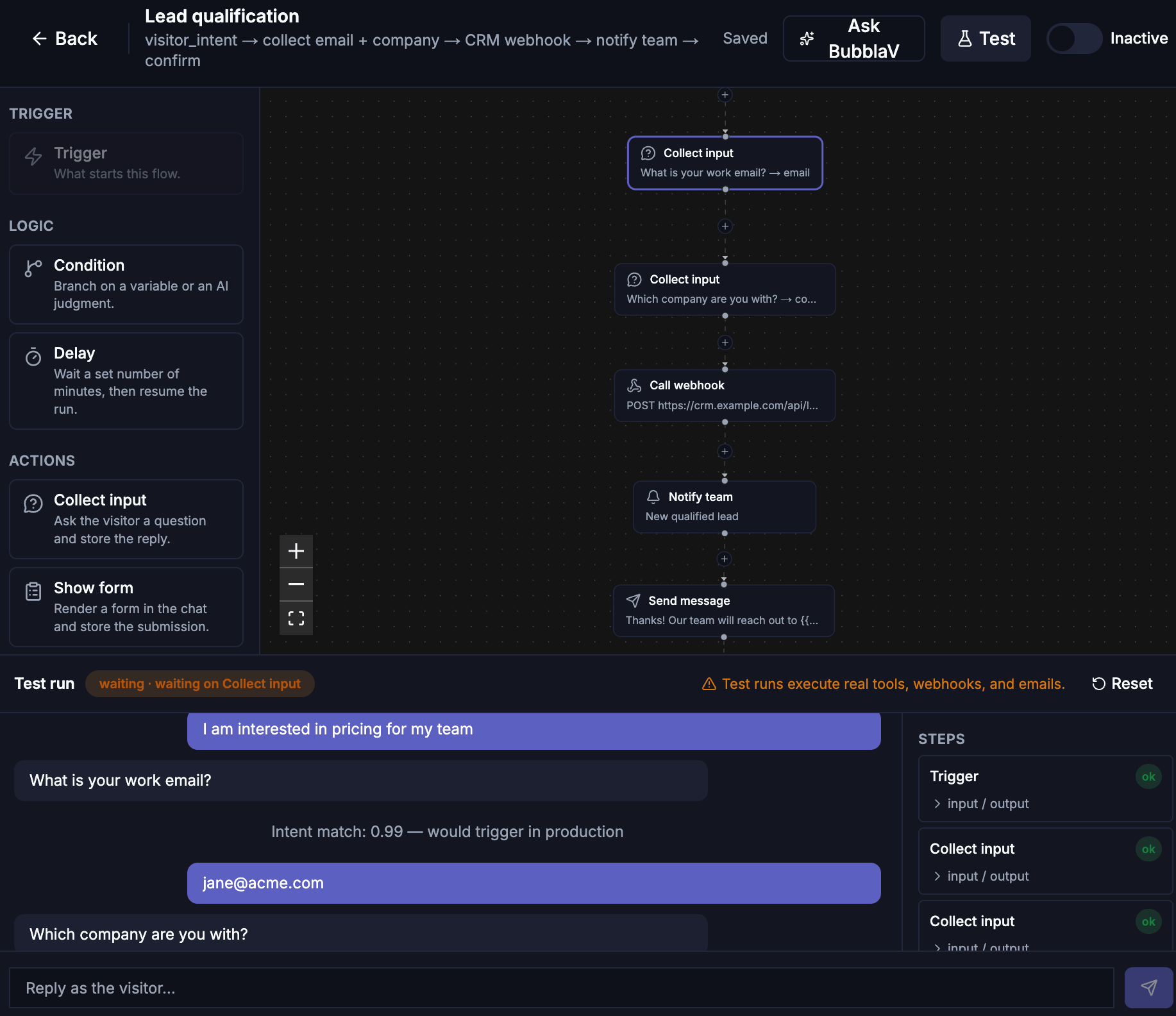 Test panel — visitor transcript and per-step status