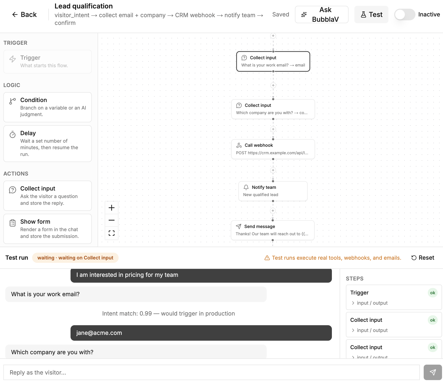 Test panel — visitor transcript and per-step status