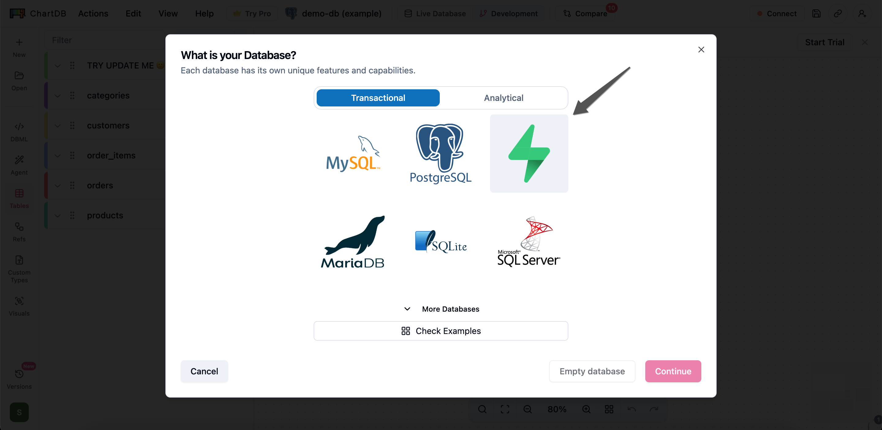 Database selection screen with Supabase highlighted
