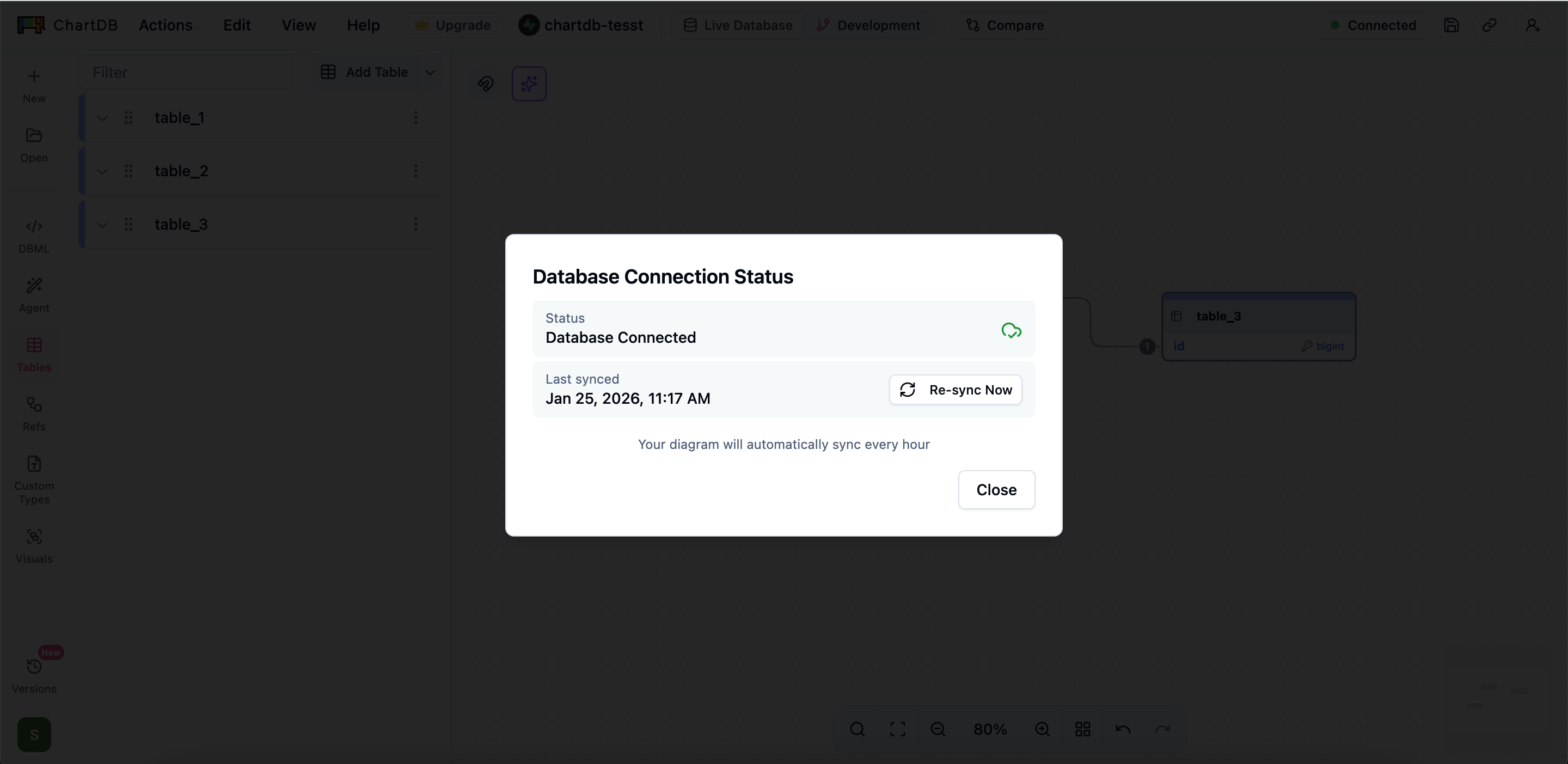 Database connection status with Re-sync Now button