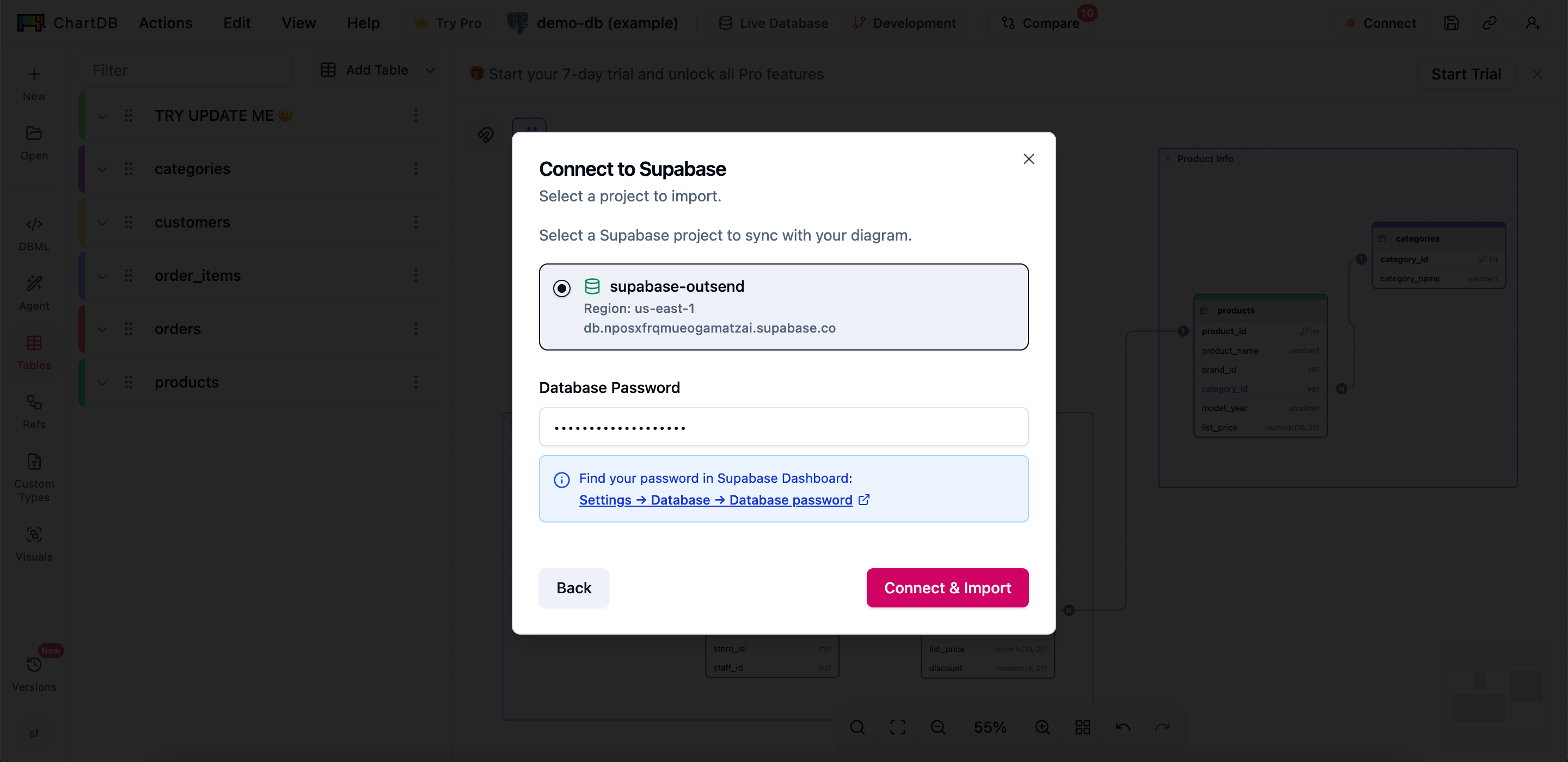 Select Supabase project and enter database password