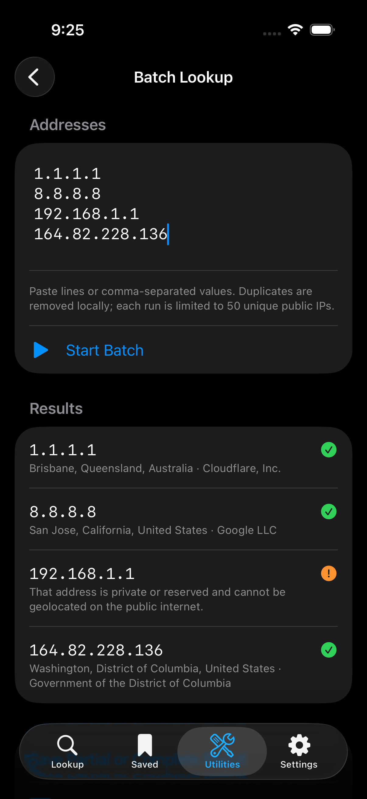 IP Lens Batch Lookup screen showing results for multiple public and reserved addresses