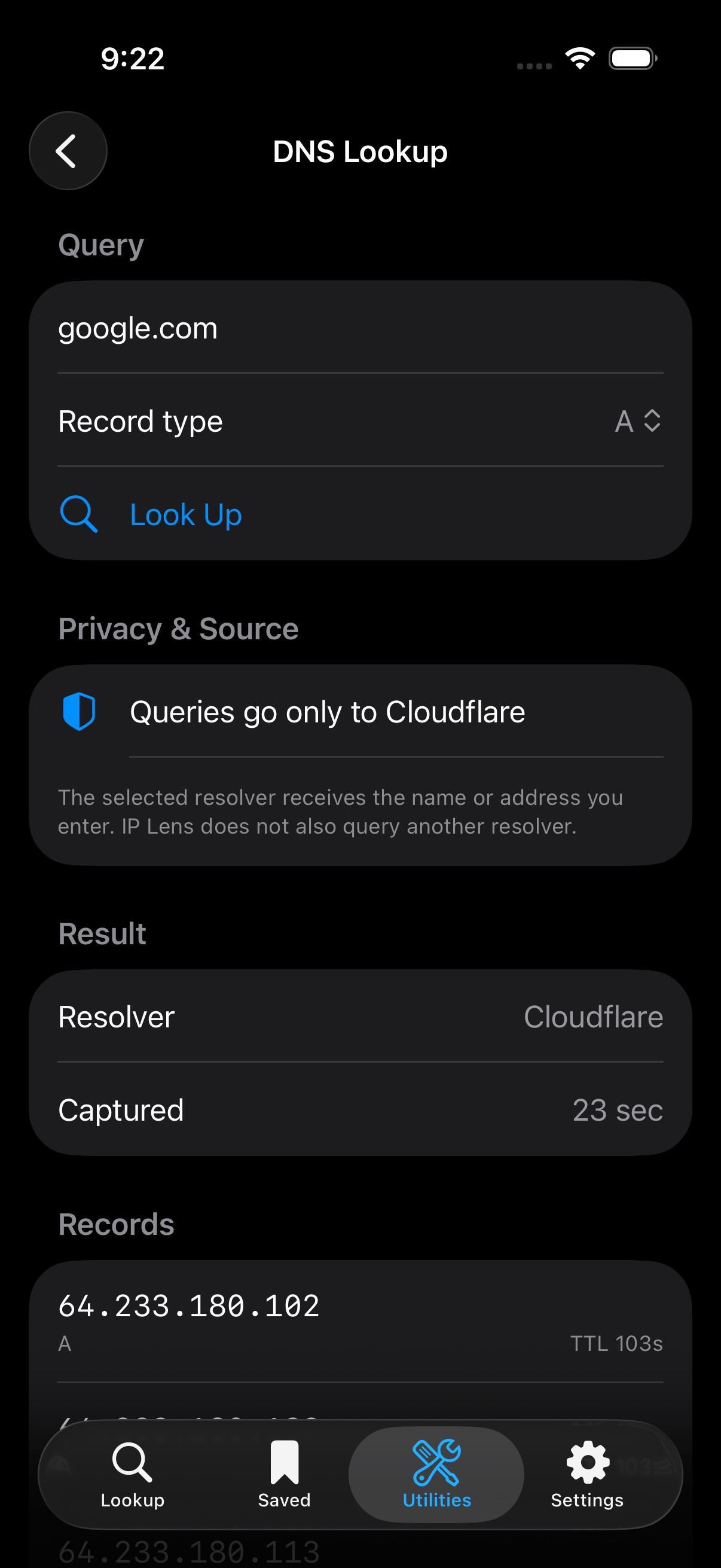 IP Lens DNS Lookup screen showing a Cloudflare query and returned A records