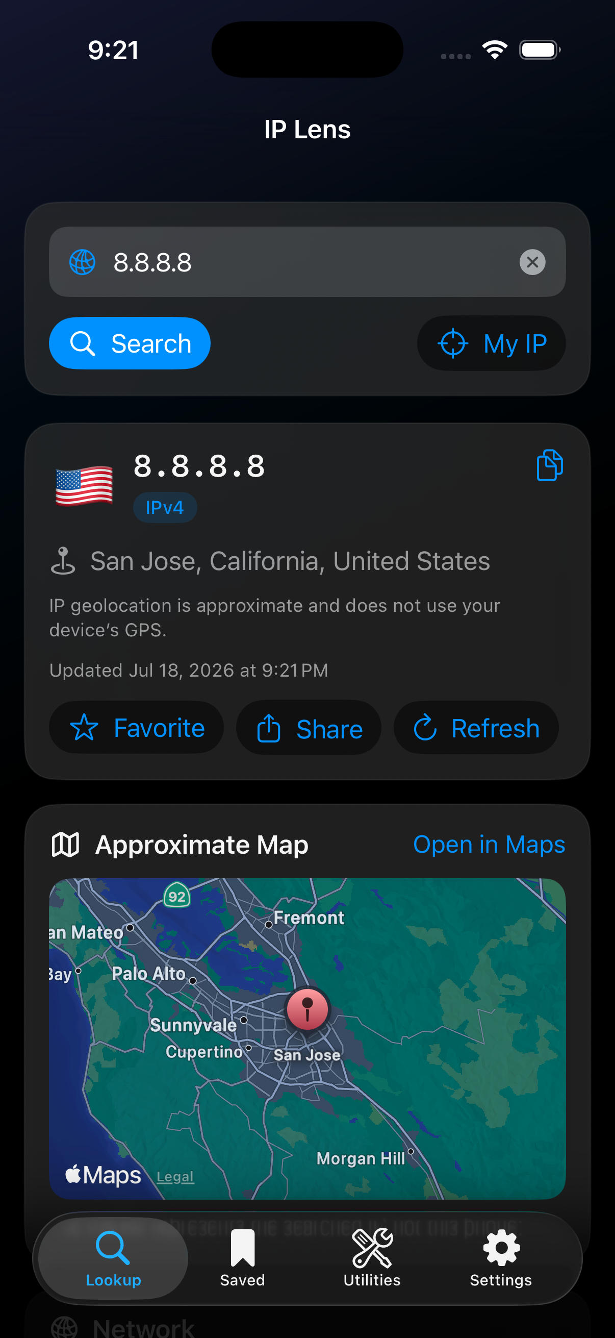IP Lens IP Lookup screen showing an IPv4 result with approximate location and a map