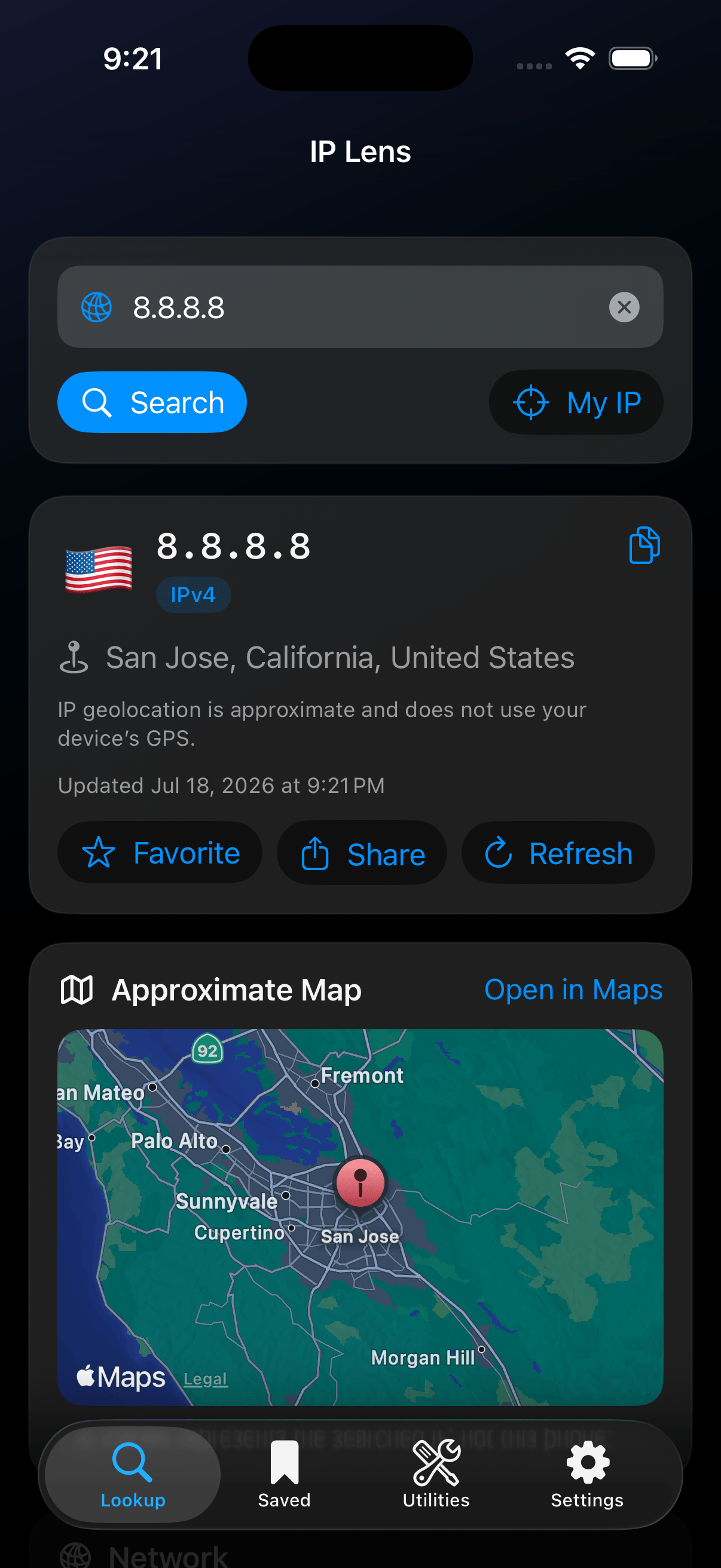 IP Lens IP Lookup screen showing an IPv4 result with approximate location and a map